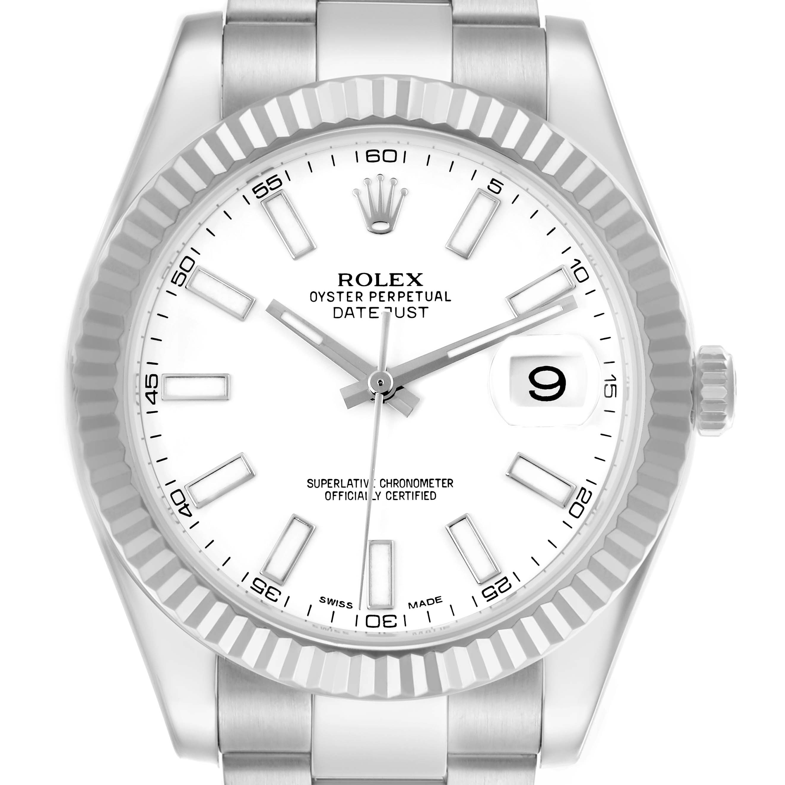 The Rolex Datejust 41 116334 Men's Stainless Steel White Dial 116334 Men's Stainless Steel White Dial watch is shown from a frontal angle, displaying its dial, bezel, and part of the bracelet.