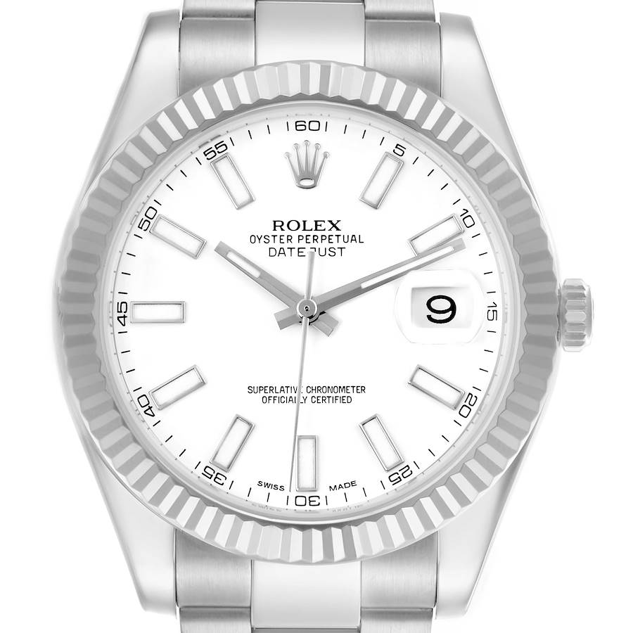 The Rolex Datejust 41 watch is shown from a frontal angle, displaying its dial, bezel, and part of the bracelet.