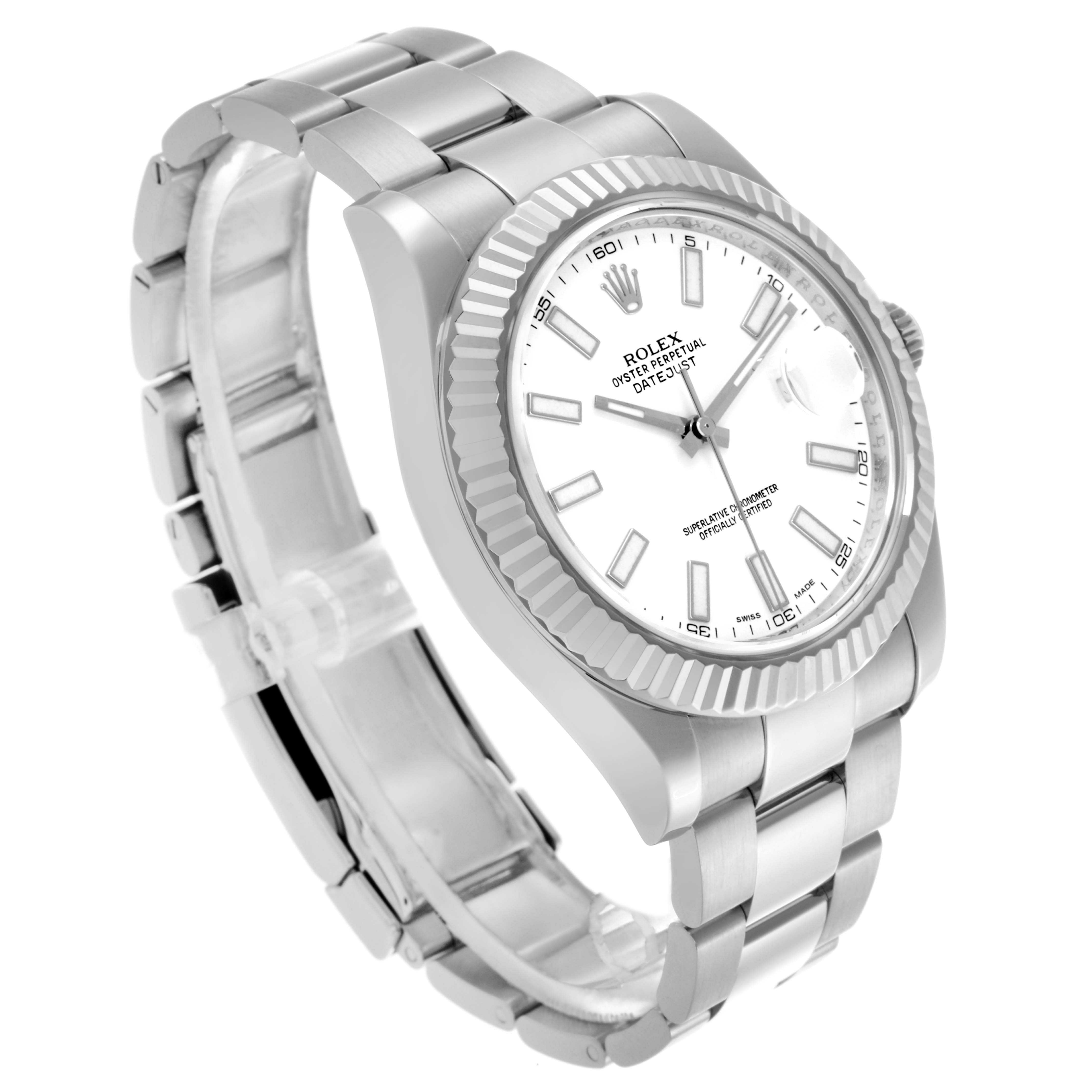 The Rolex Datejust 41 116334 Men's Stainless Steel White Dial 116334 Men's Stainless Steel White Dial is shown at a three-quarter angle, highlighting the dial, fluted bezel, and Oyster bracelet.