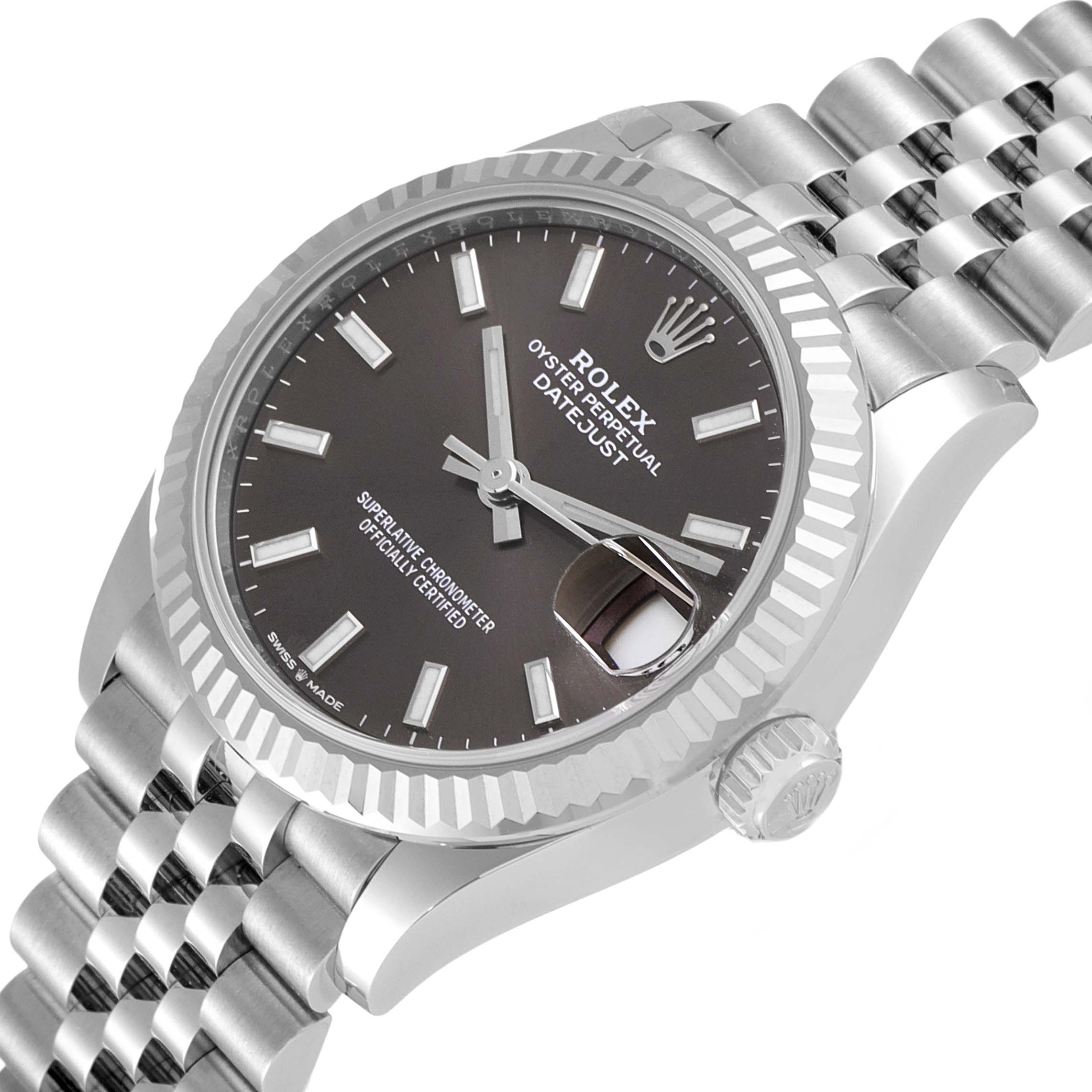 The image shows a close-up angled view of the Rolex Mid-Size 278274 Women's Stainless Steel Grey Dial 278274 Women's Stainless Steel Grey Dial Oyster Perpetual Datejust, highlighting the dial, bezel, and bracelet.