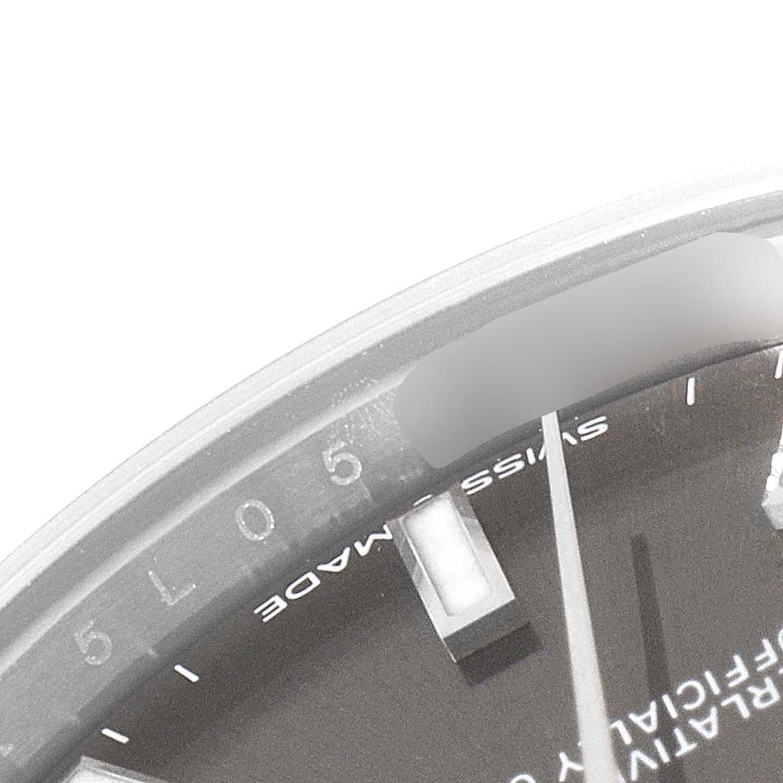 The image shows a close-up partial view of the dial and crystal edge of a Rolex Mid-Size 278274 Women's Stainless Steel Grey Dial 278274 Women's Stainless Steel Grey Dial model watch, highlighting the "Swiss Made" text and indexes.