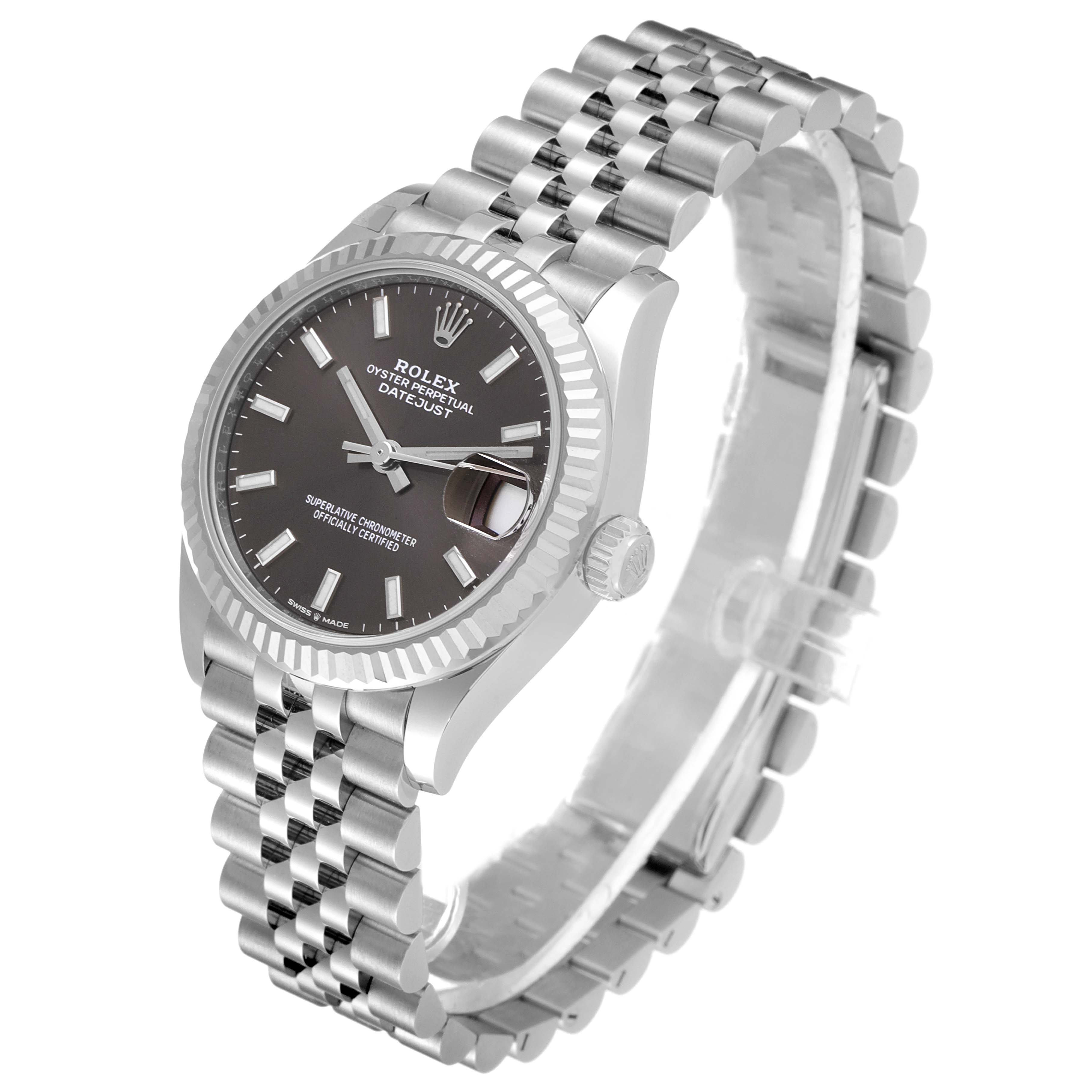 This image displays a Rolex Mid-Size 278274 Women's Stainless Steel Grey Dial 278274 Women's Stainless Steel Grey Dial Oyster Perpetual Datejust watch angled to show its face, bezel, crown, and bracelet.