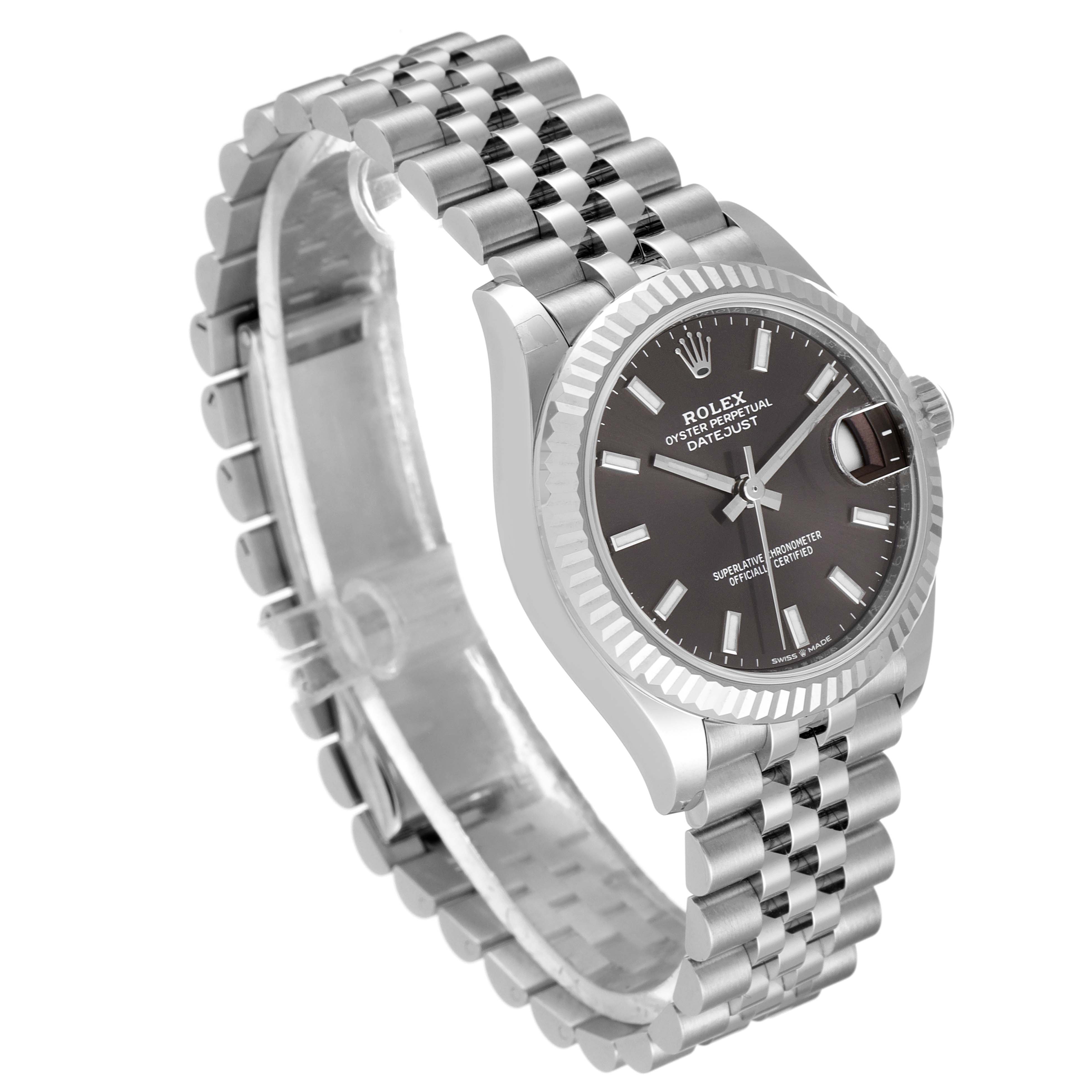 This Rolex Mid-Size 278274 Women's Stainless Steel Grey Dial 278274 Women's Stainless Steel Grey Dial Datejust watch is shown at a three-quarter angle, highlighting its face, bezel, and Jubilee bracelet.