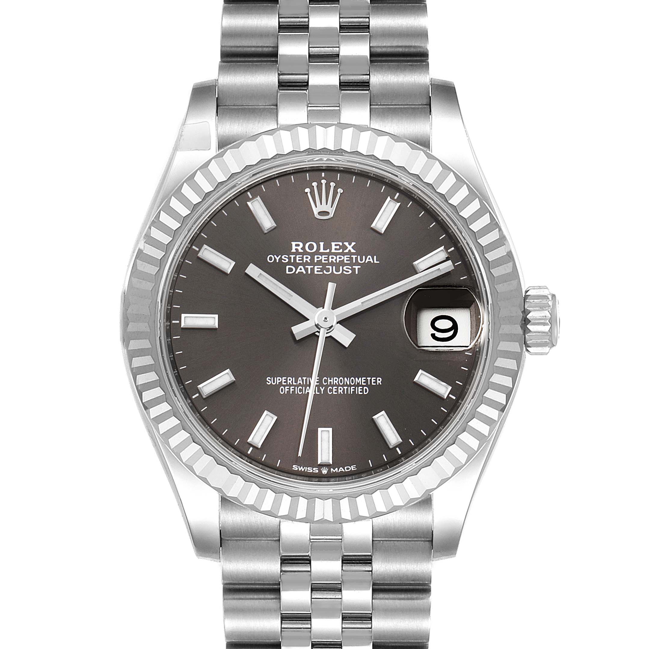 The image shows a front view of a Rolex Mid-Size 278274 Women's Stainless Steel Grey Dial 278274 Women's Stainless Steel Grey Dial Oyster Perpetual Datejust with a metallic bracelet and a black dial.