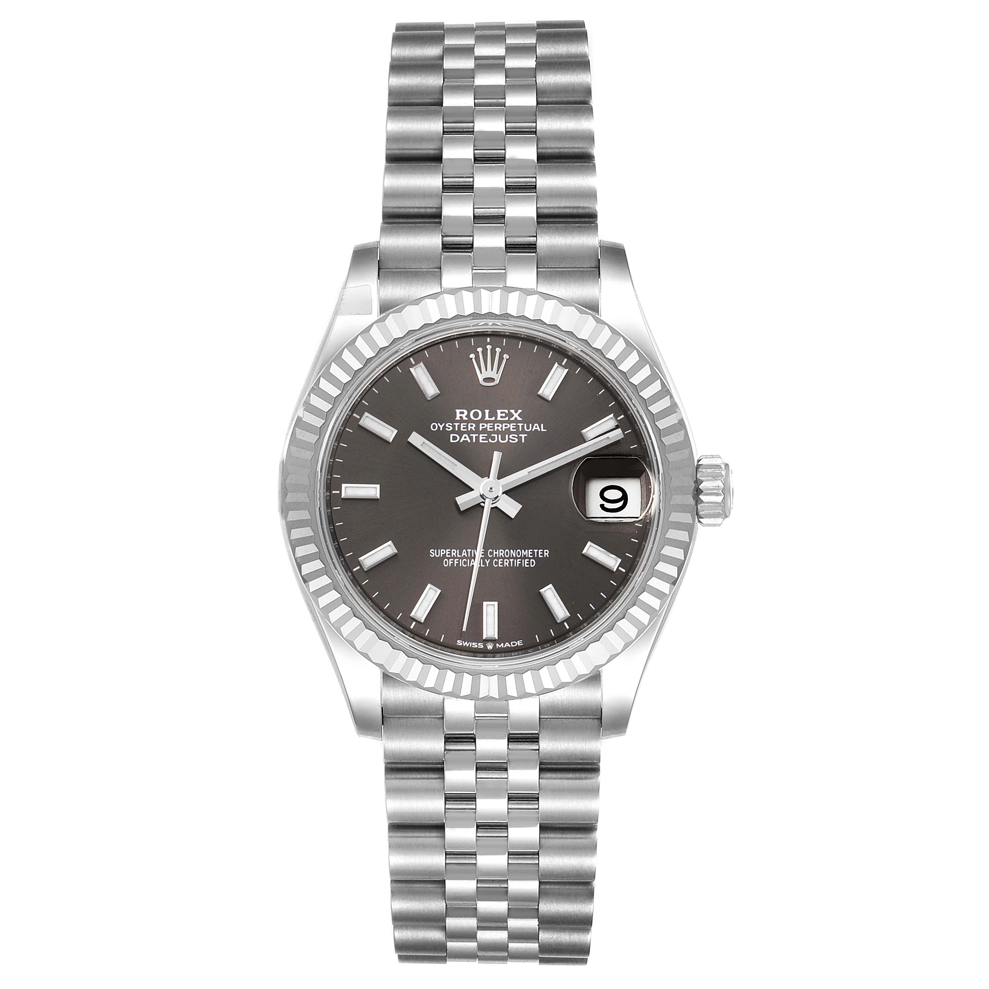 This image shows a frontal view of a Rolex Oyster Perpetual Datejust Mid-Size watch, highlighting its face and bracelet.