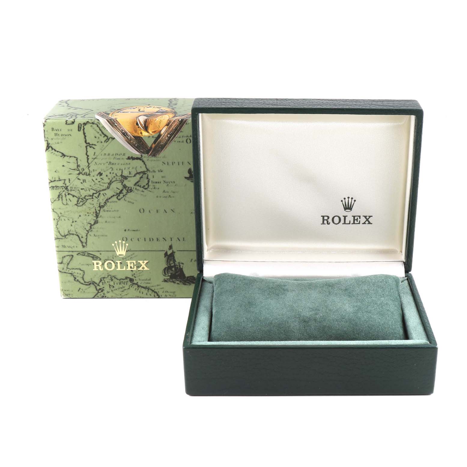 The image shows an open Rolex Mid-Size 78243 Women's Steel and Gold (two tone) Mother of Pearl Dial 78243 Women's Steel and Gold (two tone) Mother of Pearl Dial watch box with green velvet lining and a closed outer box with a vintage map design.