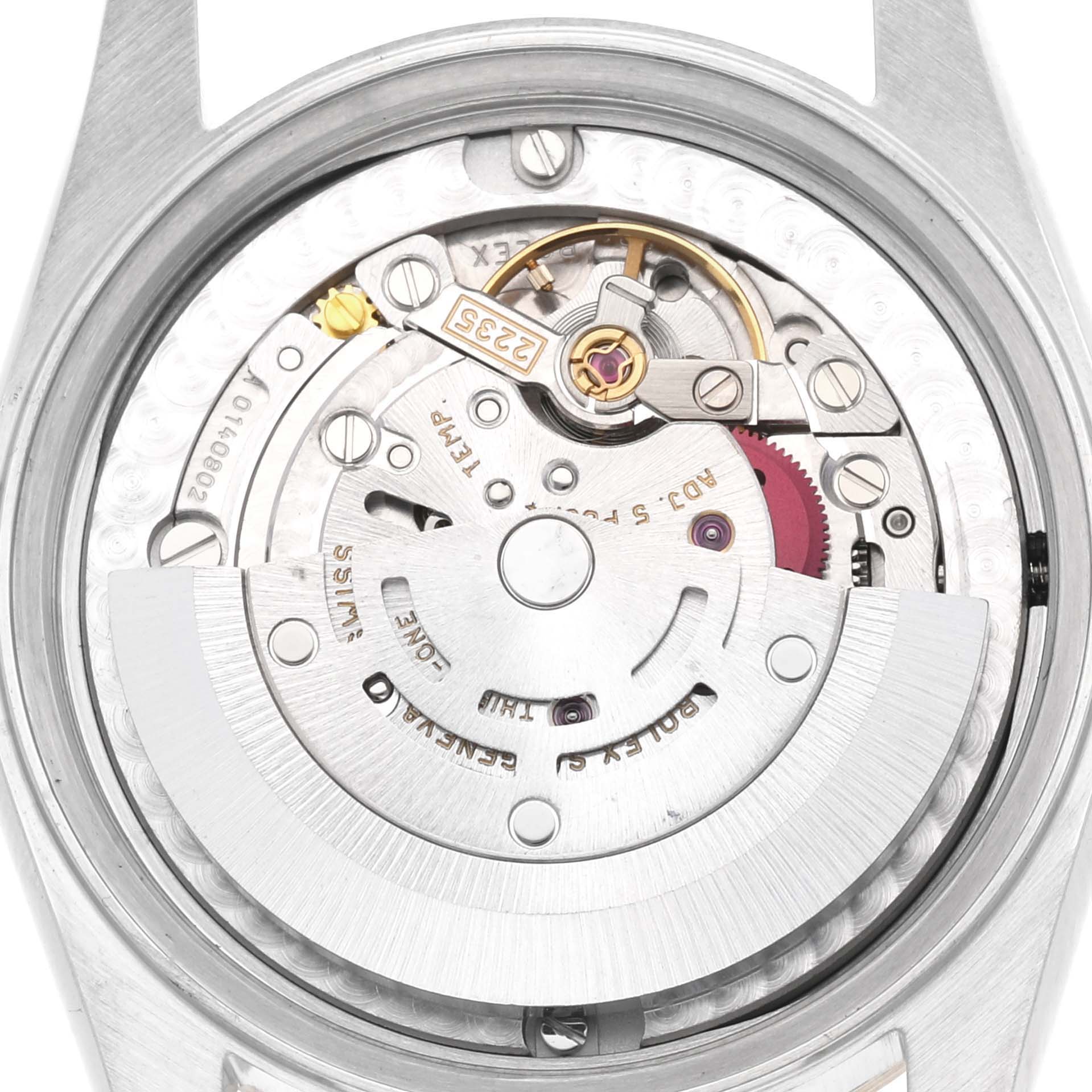 The image shows the internal mechanism of a Rolex Mid-Size 78243 Women's Steel and Gold (two tone) Mother of Pearl Dial 78243 Women's Steel and Gold (two tone) Mother of Pearl Dial model watch, viewed from the back without the case back cover.