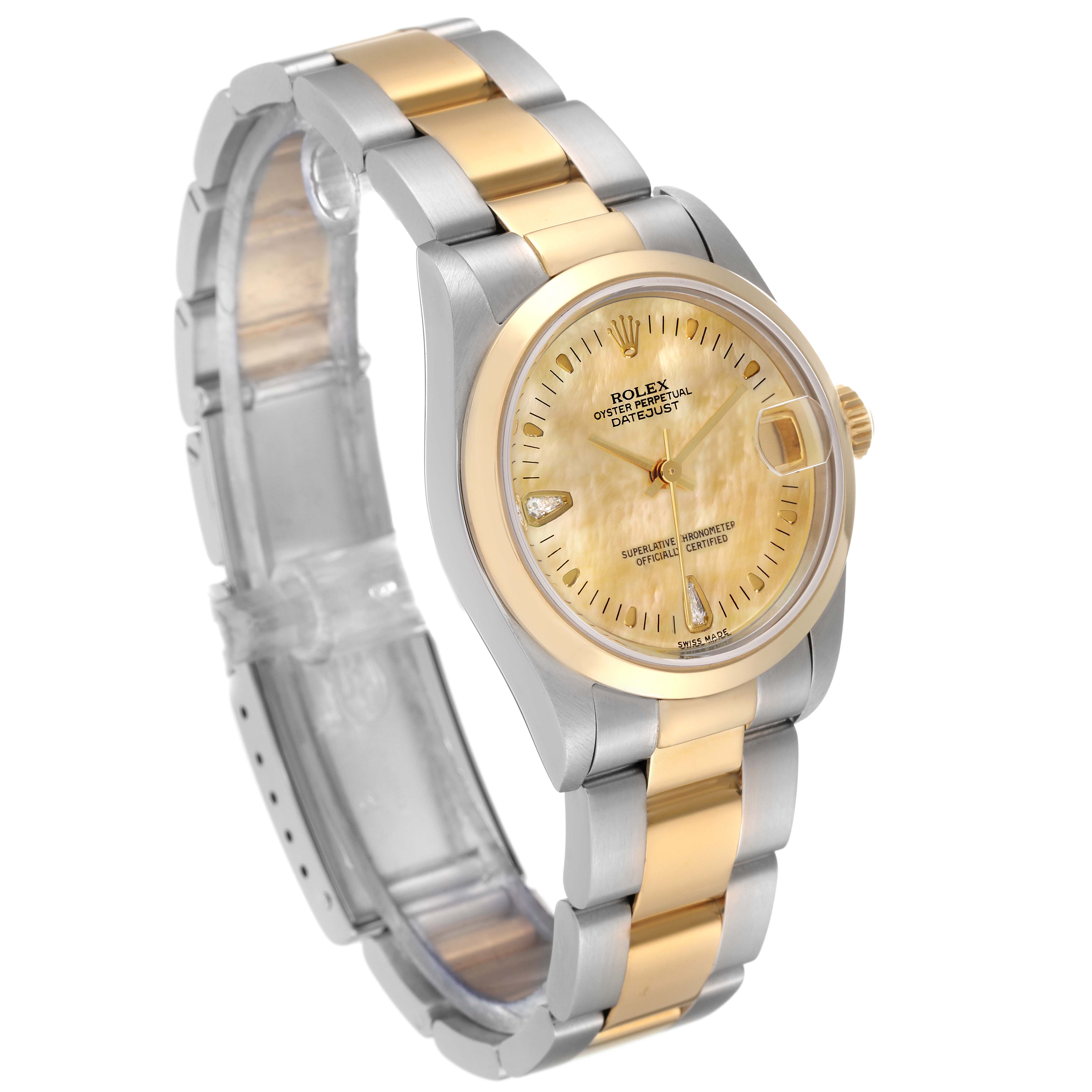 The image shows a side and partial top view of a Rolex Mid-Size 78243 Women's Steel and Gold (two tone) Mother of Pearl Dial 78243 Women's Steel and Gold (two tone) Mother of Pearl Dial model, highlighting its two-tone band and face.