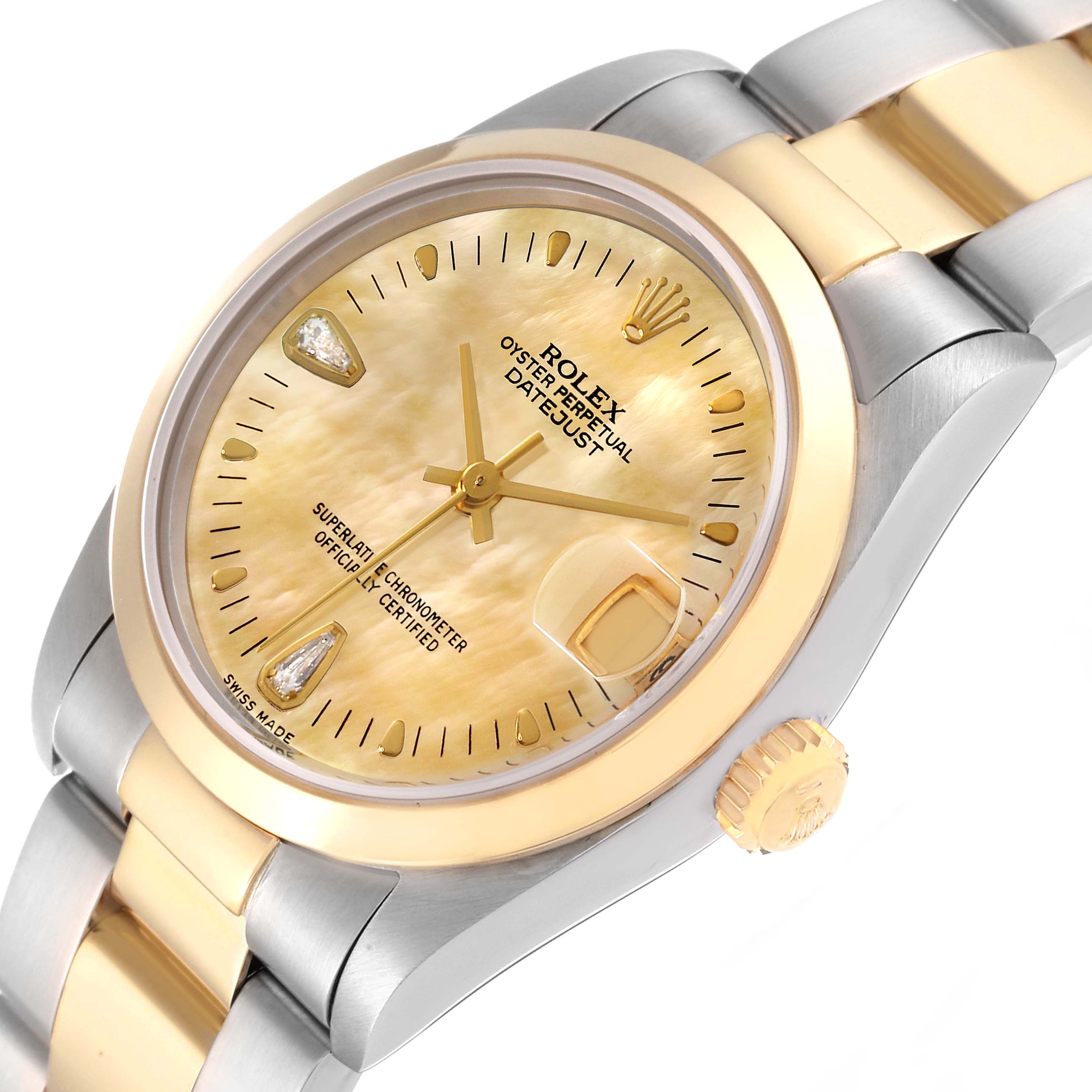 This image shows a Rolex Mid-Size 78243 Women's Steel and Gold (two tone) Mother of Pearl Dial 78243 Women's Steel and Gold (two tone) Mother of Pearl Dial Datejust watch angled to display the dial, bezel, bracelet, and the crown prominently.