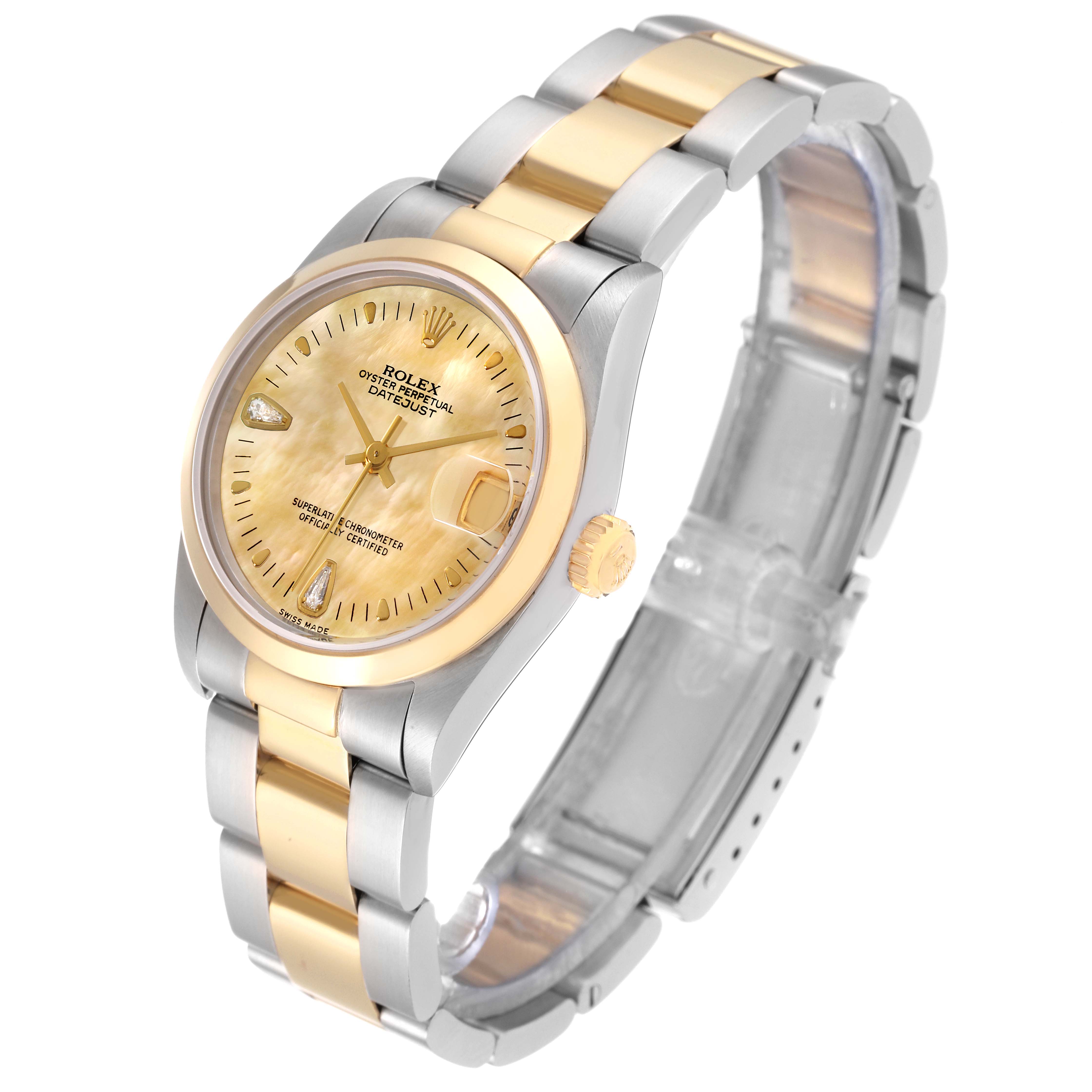 The Rolex Mid-Size 78243 Women's Steel and Gold (two tone) Mother of Pearl Dial 78243 Women's Steel and Gold (two tone) Mother of Pearl Dial model watch is shown at a three-quarter angle, highlighting the band, face, crown, and clasp.