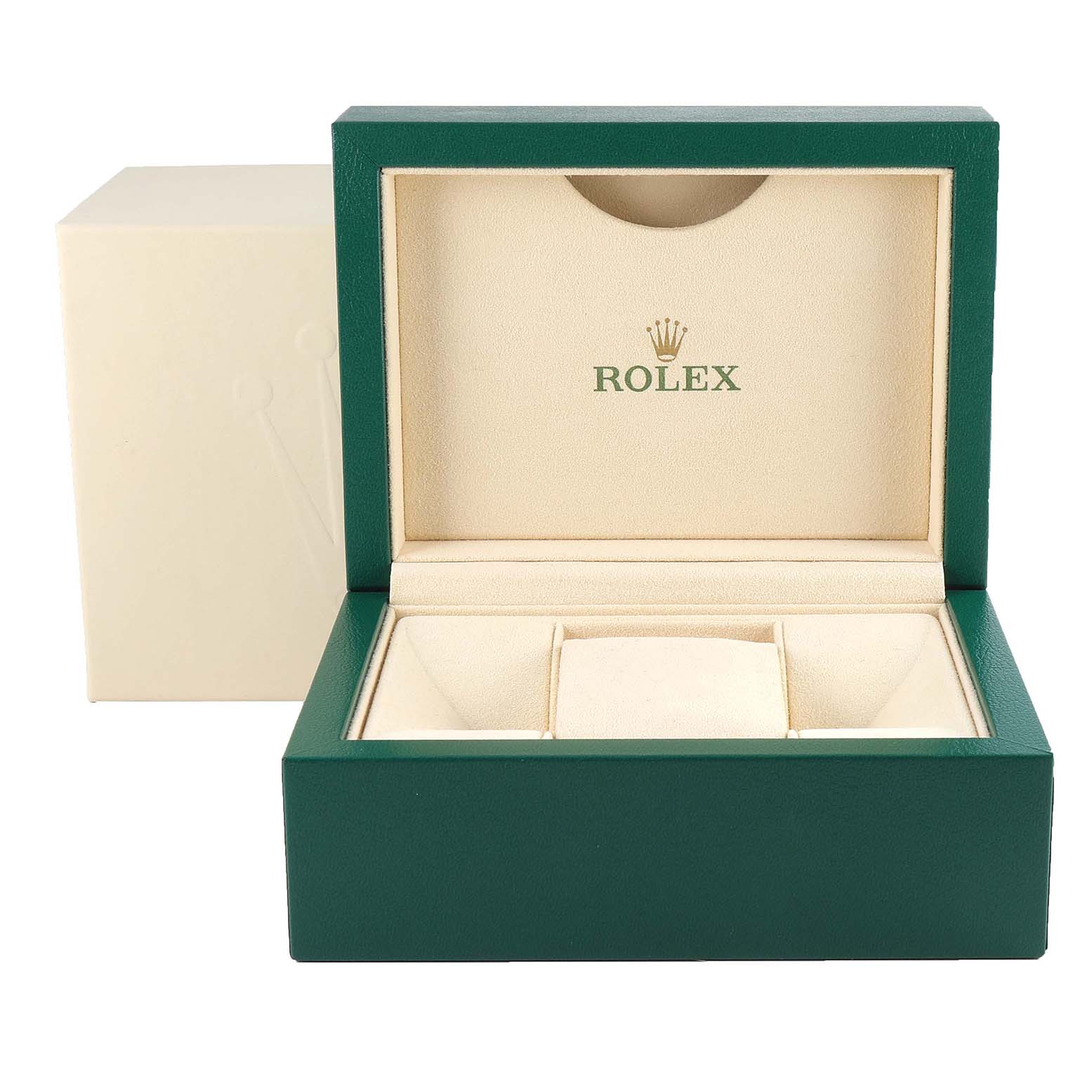 The image shows an open green Rolex watch box for the Mid-Size model, revealing its beige interior with the Rolex logo.