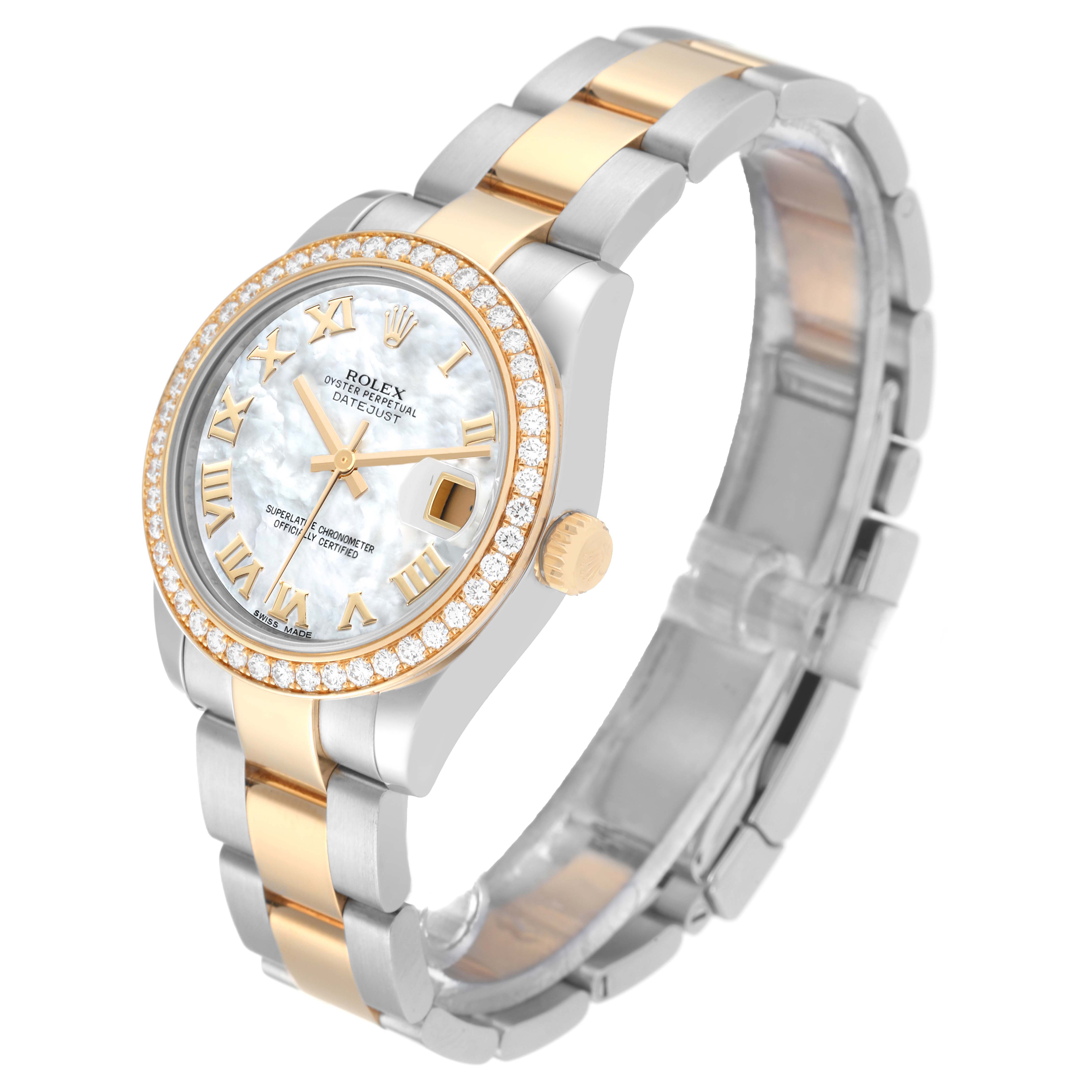 The image shows a Rolex Mid-Size 178383 Women
s Steel and Gold (two tone) Mother of Pearl Dial 178383 Women
s Steel and Gold (two tone) Mother of Pearl Dial Datejust watch at an angled view, highlighting the face, bezel, crown, and bracelet.