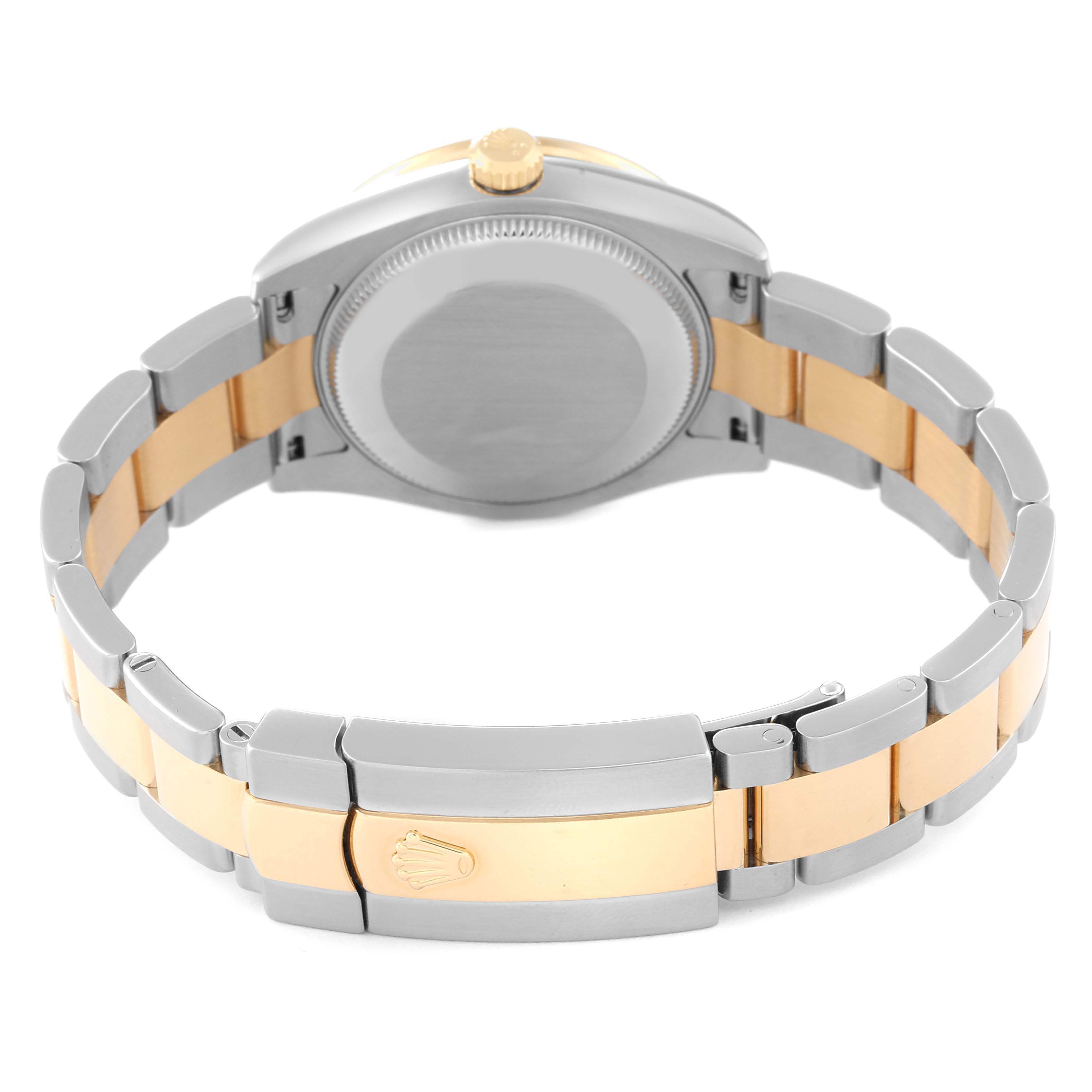 This image shows the back and bracelet of a Mid-Size Rolex watch in a combination of gold and silver tones.