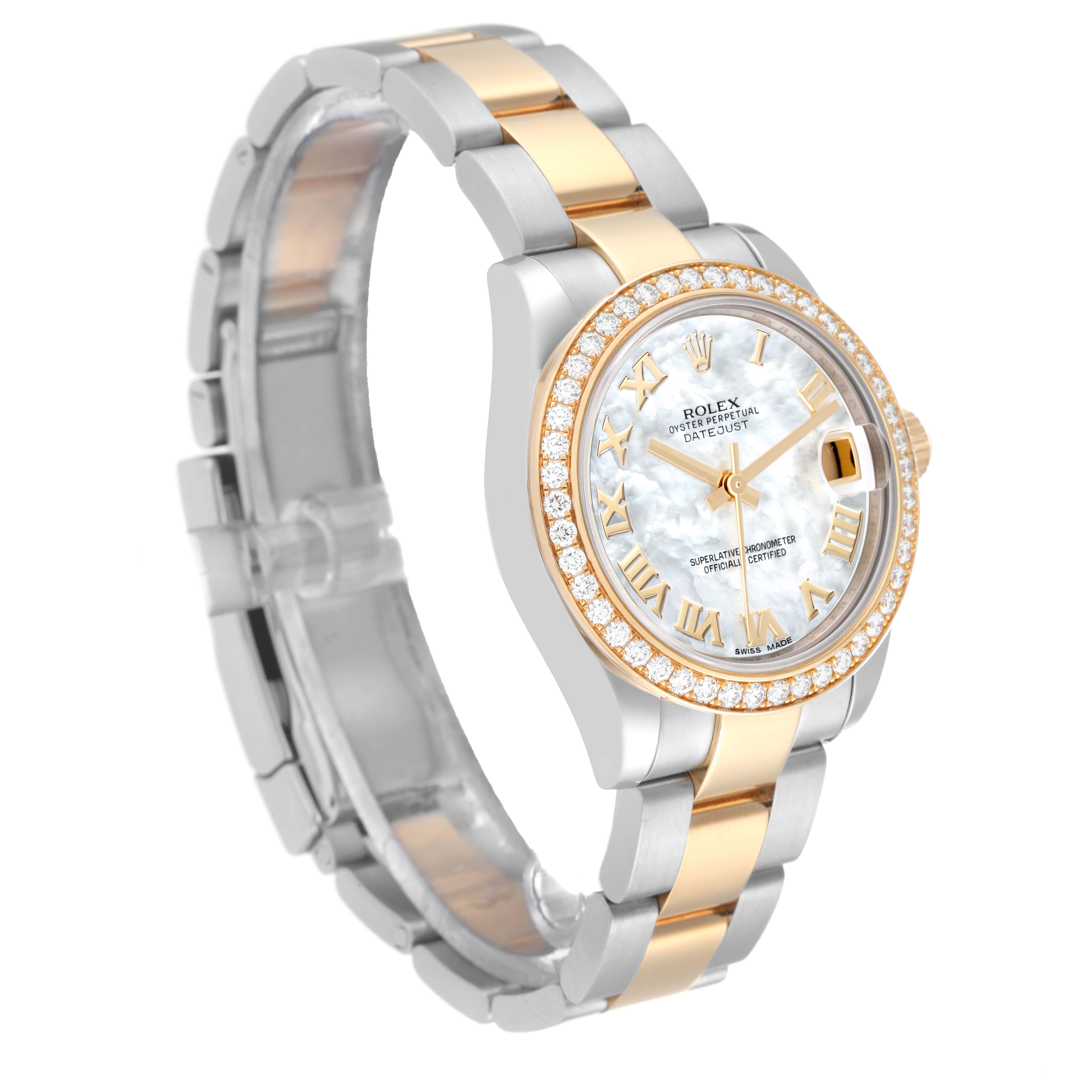 This Rolex Mid-Size 178383 Women
s Steel and Gold (two tone) Mother of Pearl Dial 178383 Women
s Steel and Gold (two tone) Mother of Pearl Dial model watch is shown at a slight angle, highlighting its face, bezel, and two-tone bracelet.