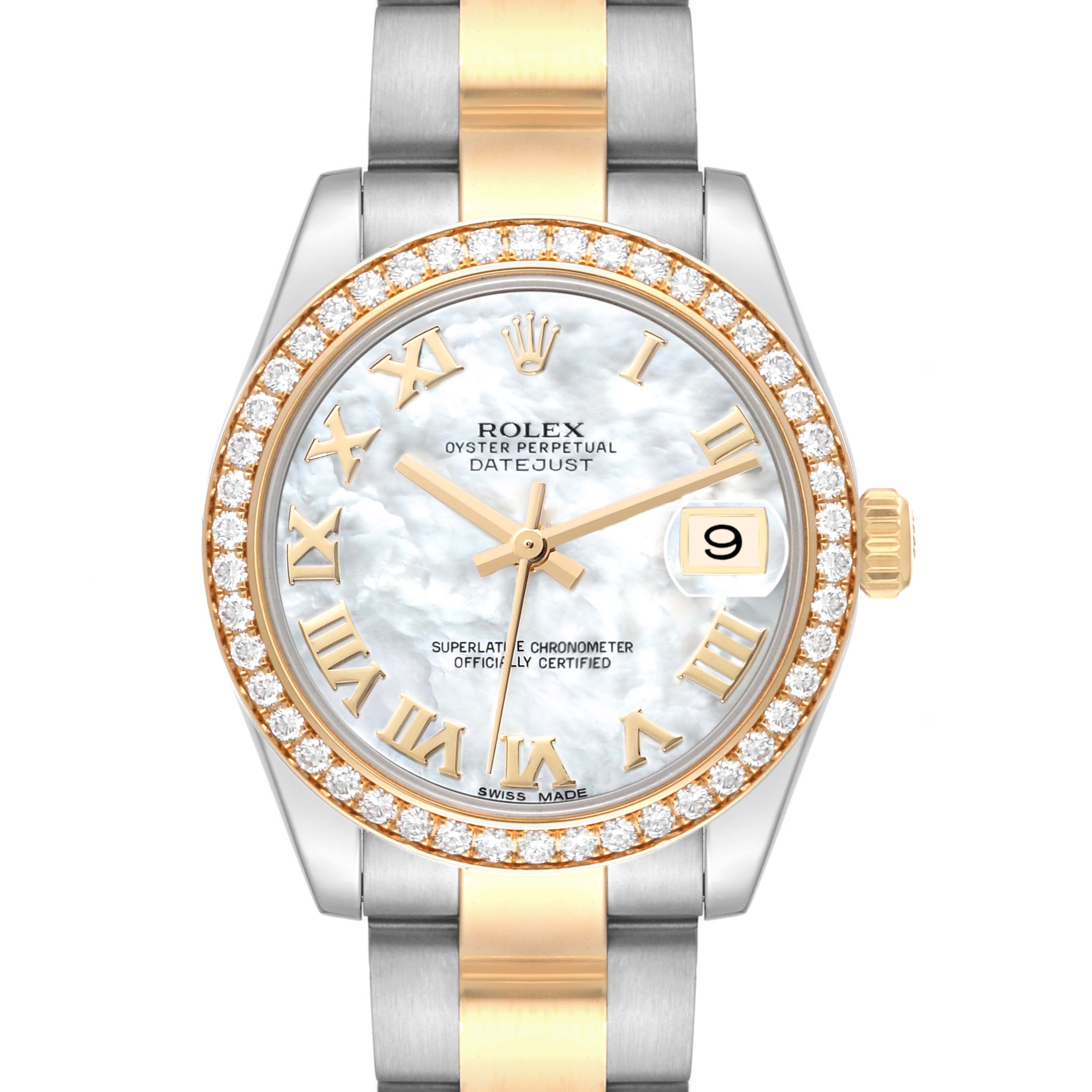 This Rolex Oyster Perpetual Datejust Mid-Size watch is shown from a front angle, displaying the face, bezel, and bracelet.