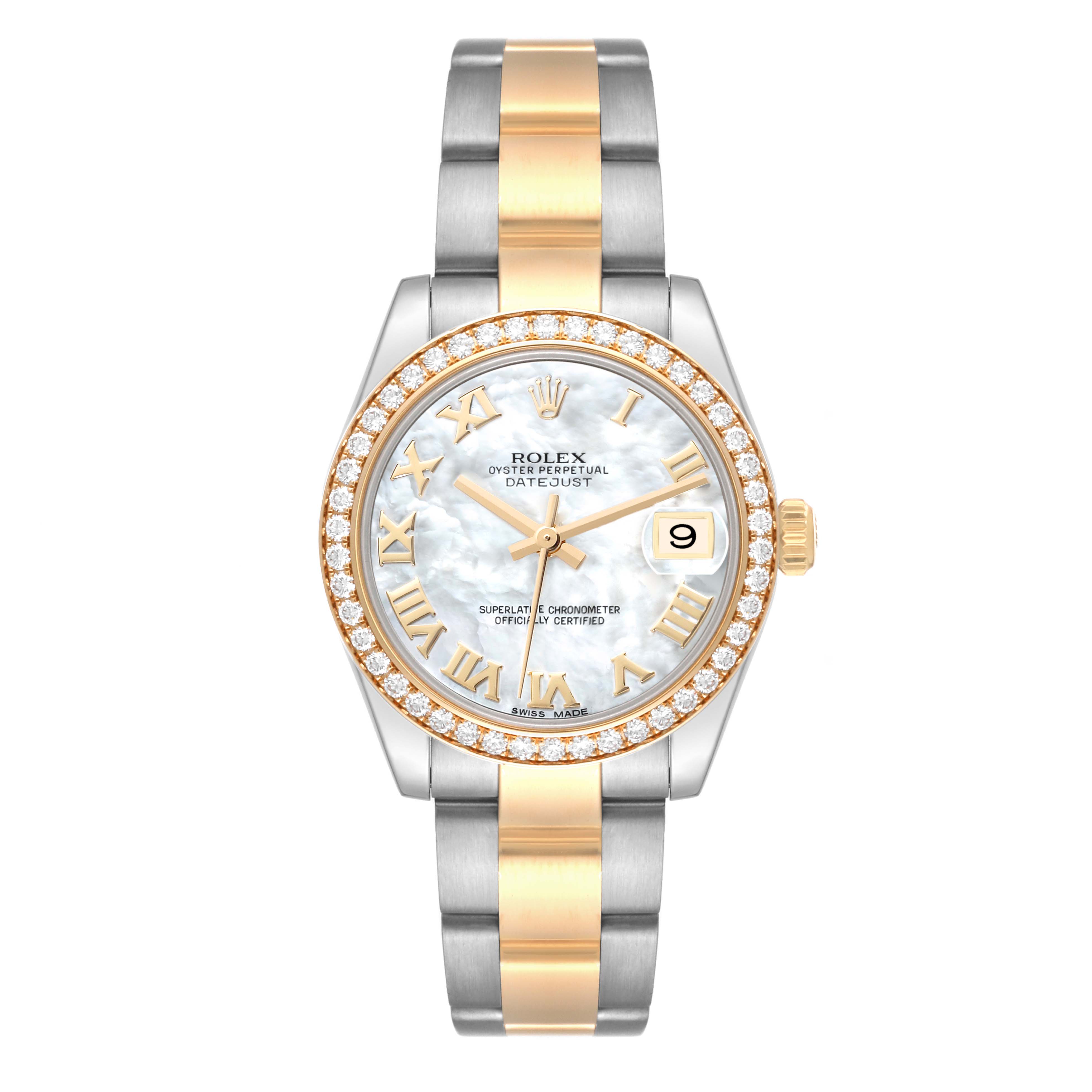 This image shows a Rolex Mid-Size 178383 Women
s Steel and Gold (two tone) Mother of Pearl Dial 178383 Women
s Steel and Gold (two tone) Mother of Pearl Dial Datejust watch from a front view, featuring its face, bezel, and bracelet.