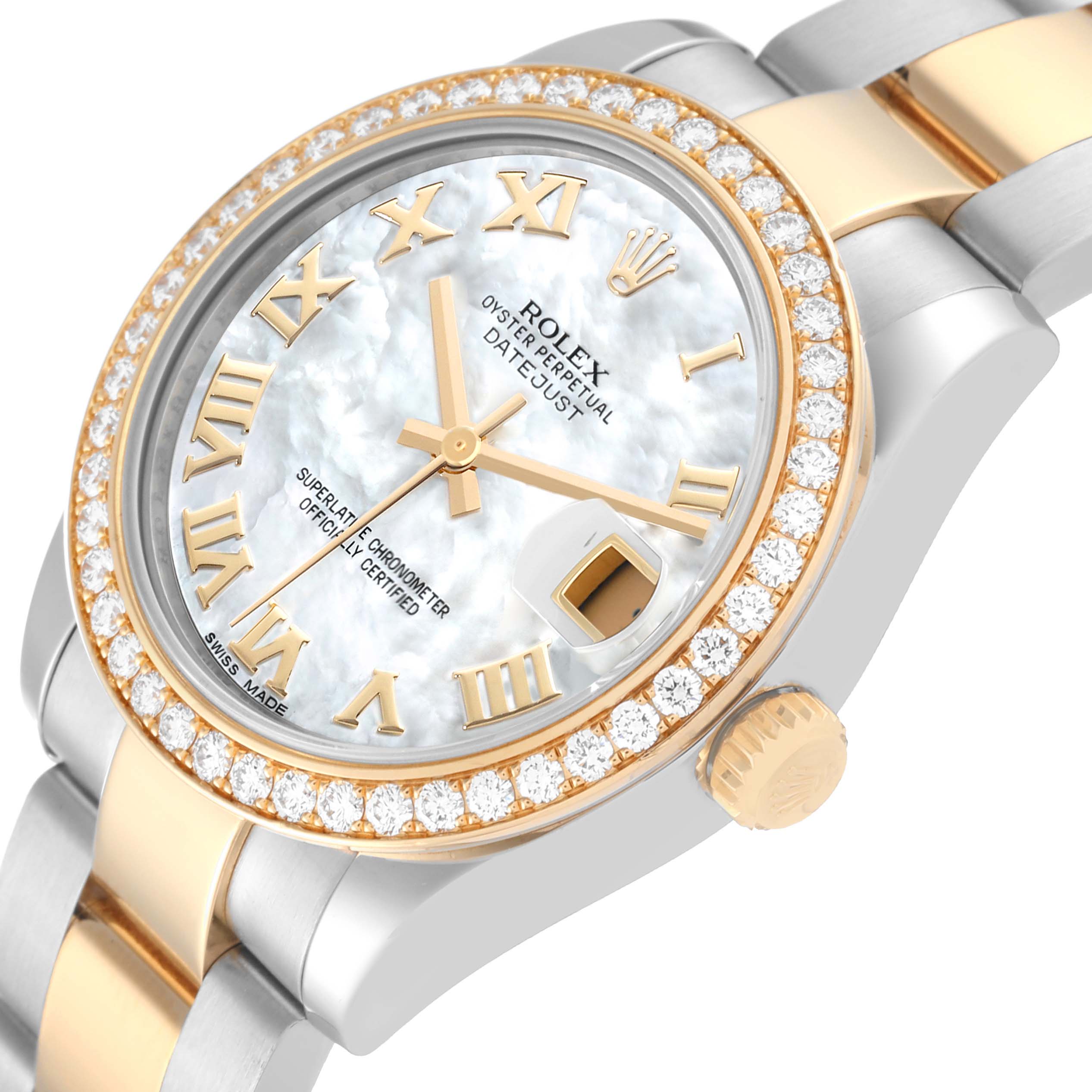 The image shows a Rolex Mid-Size 178383 Women
s Steel and Gold (two tone) Mother of Pearl Dial 178383 Women
s Steel and Gold (two tone) Mother of Pearl Dial Oyster Perpetual Datejust watch from an angled view, highlighting the dial, bezel, and part of the bracelet.