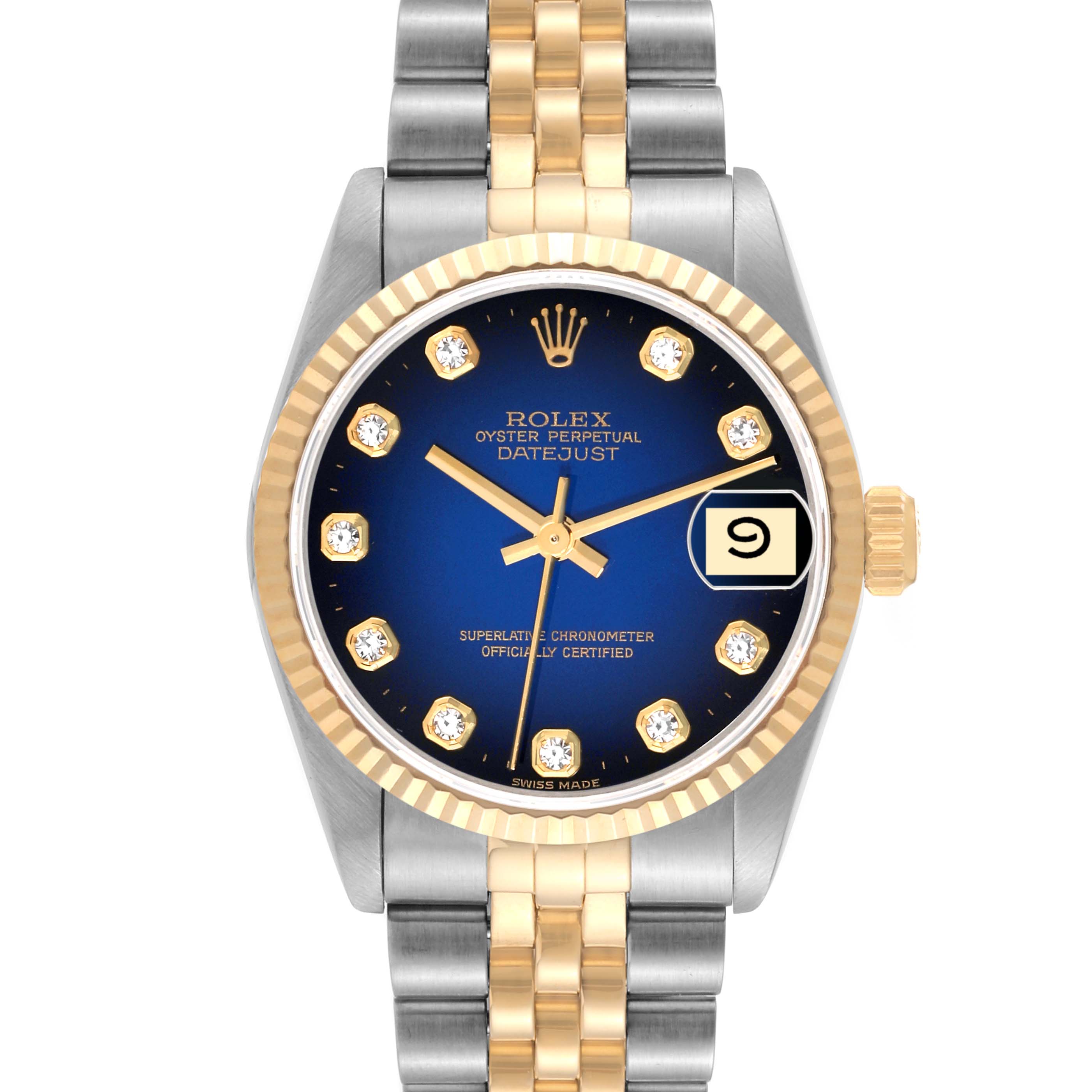 This image shows a front view of a mid-size Rolex Oyster Perpetual Datejust watch with a blue dial and a two-tone bracelet.