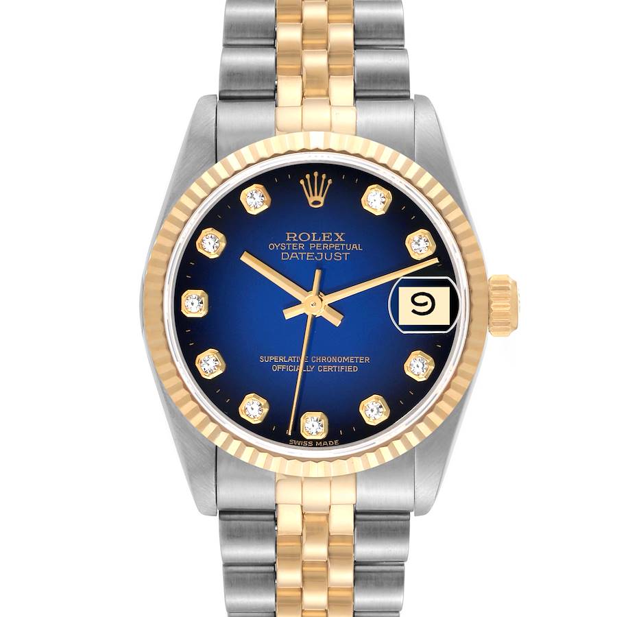 Rolex Datejust Midsize Steel Yellow Gold Blue Vignette Diamond Dial Ladies Watch 68273 SwissWatchExpo