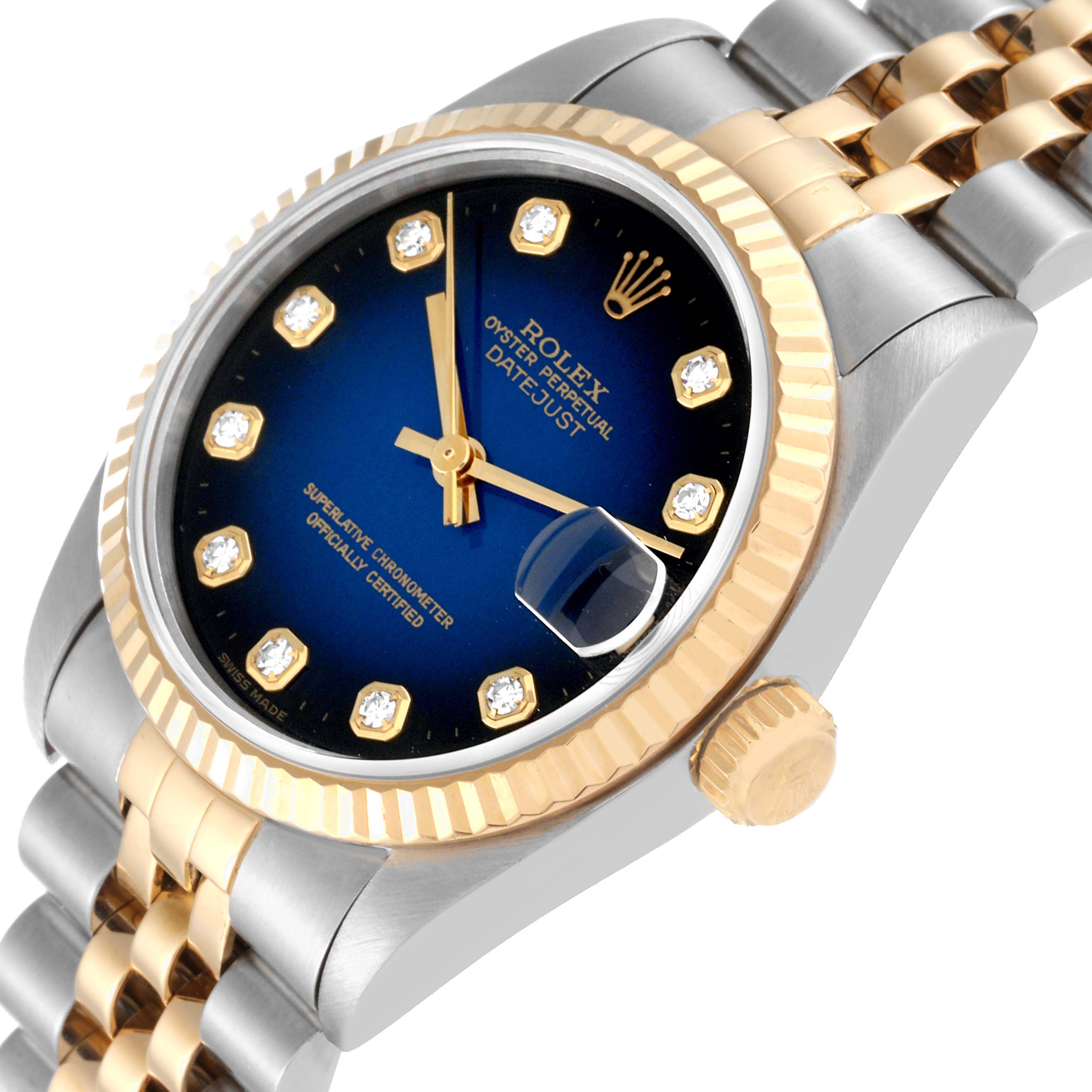The image shows a close-up angle of the Rolex Mid-Size 68273 Women's Steel and Gold (two tone) Blue Dial 68273 Women's Steel and Gold (two tone) Blue Dial Datejust watch, highlighting the face, bezel, and crown.