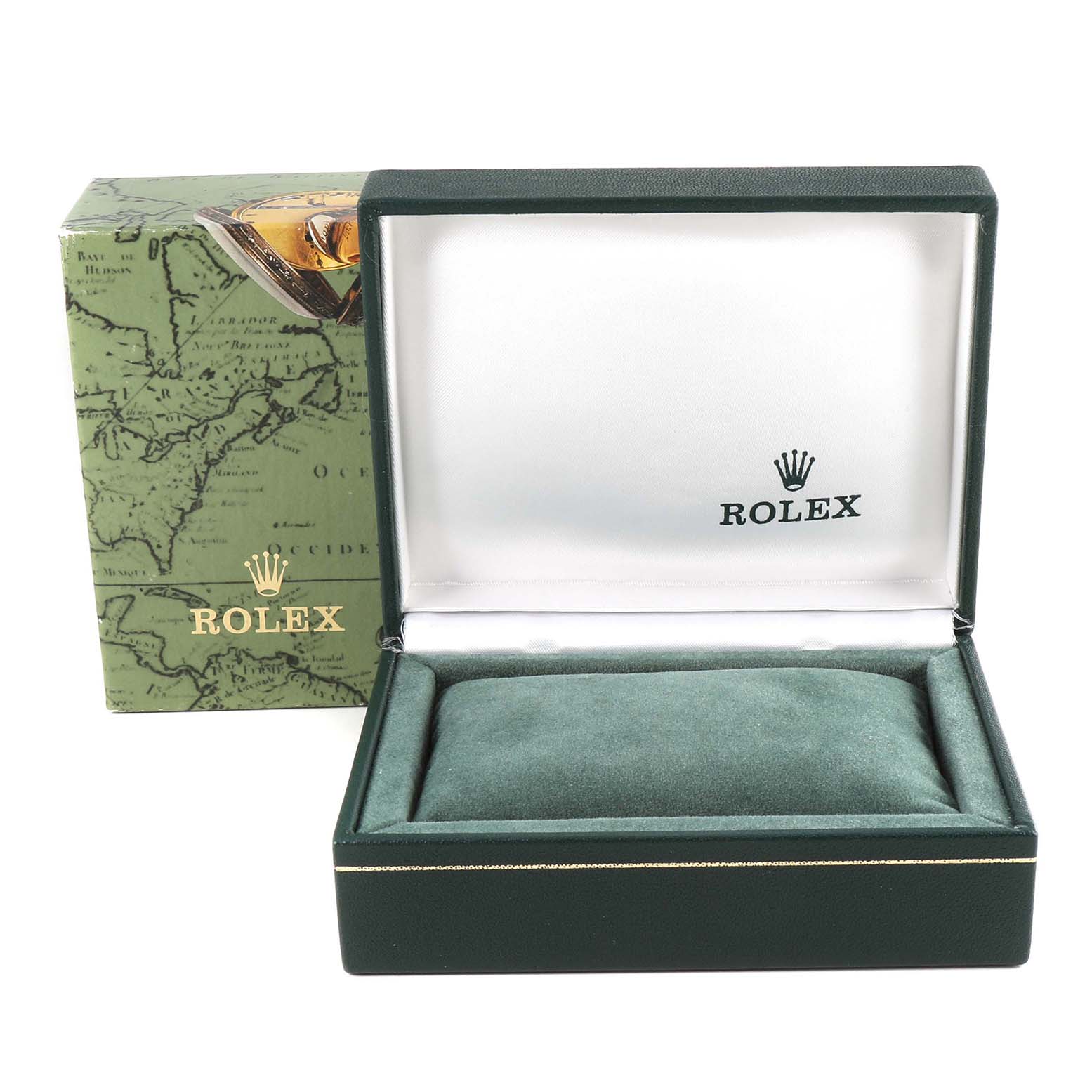 The image shows an open Rolex watch box for a Mid-Size model, with the box and interior cushion visible.