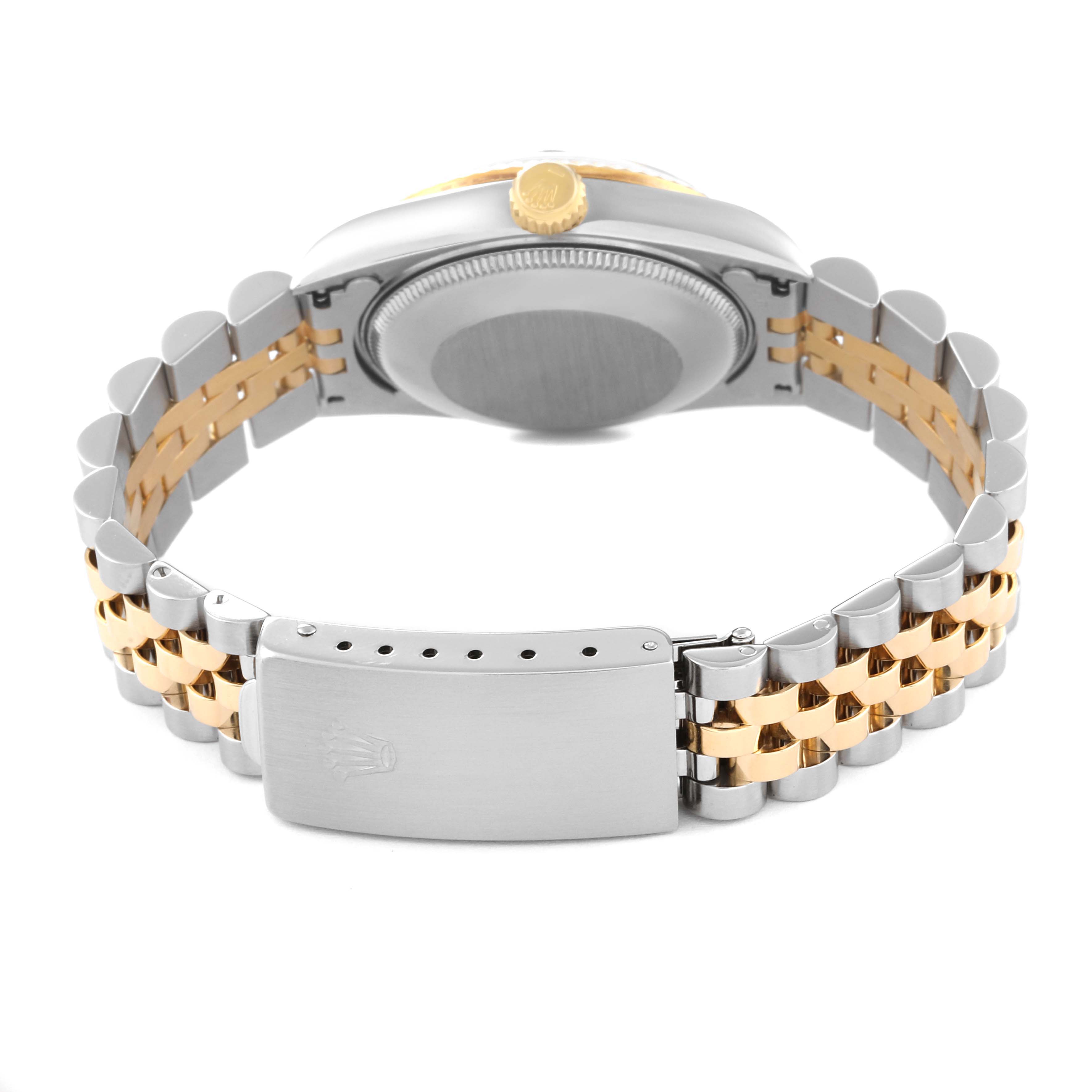 The image shows the back view of a Mid-Size Rolex watch, including the clasp and bracelet.