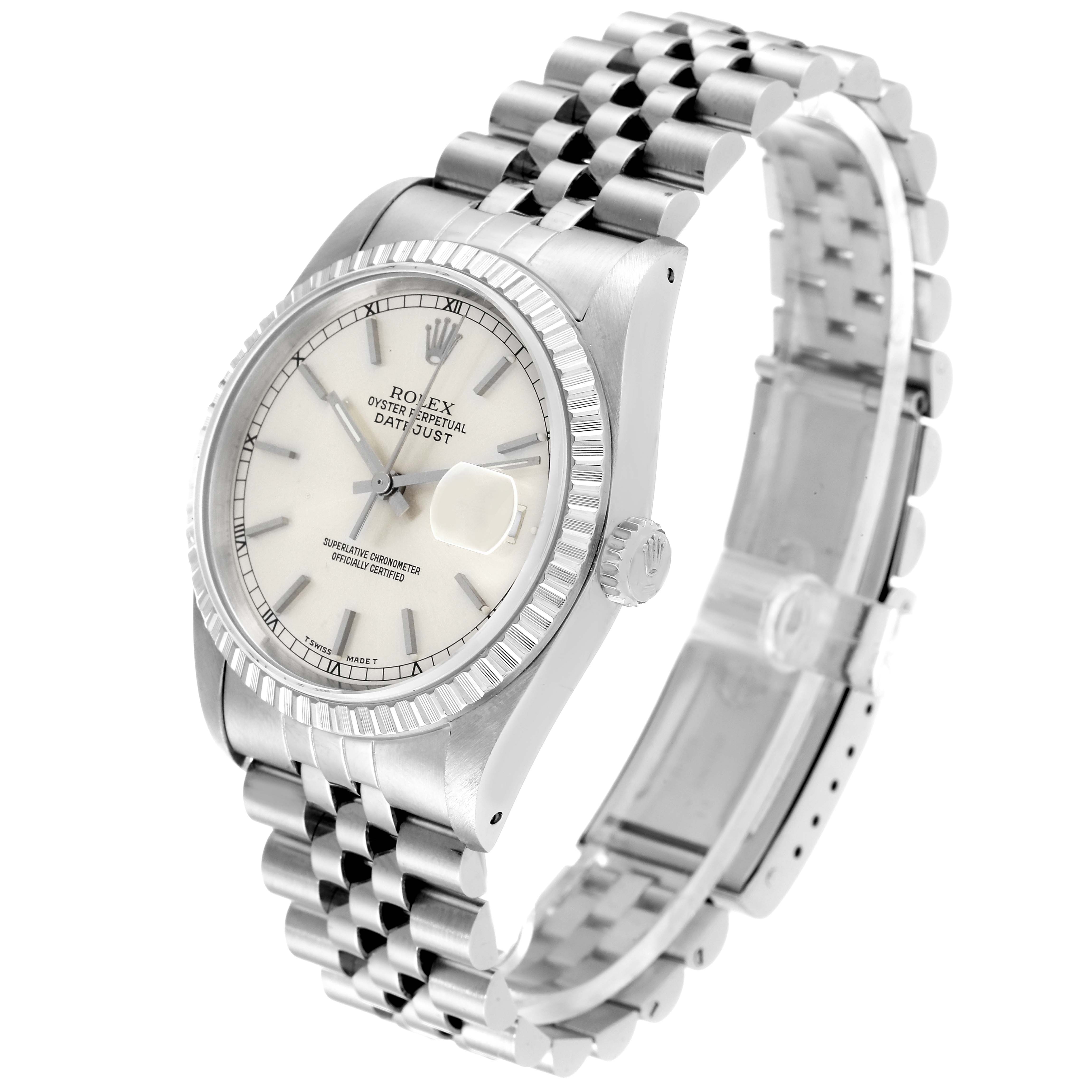 The image shows a Rolex Datejust 16220 Men's Stainless Steel Silver Dial 16220 Men's Stainless Steel Silver Dial watch at a three-quarter angle including the face, bezel, crown, and jubilee bracelet.