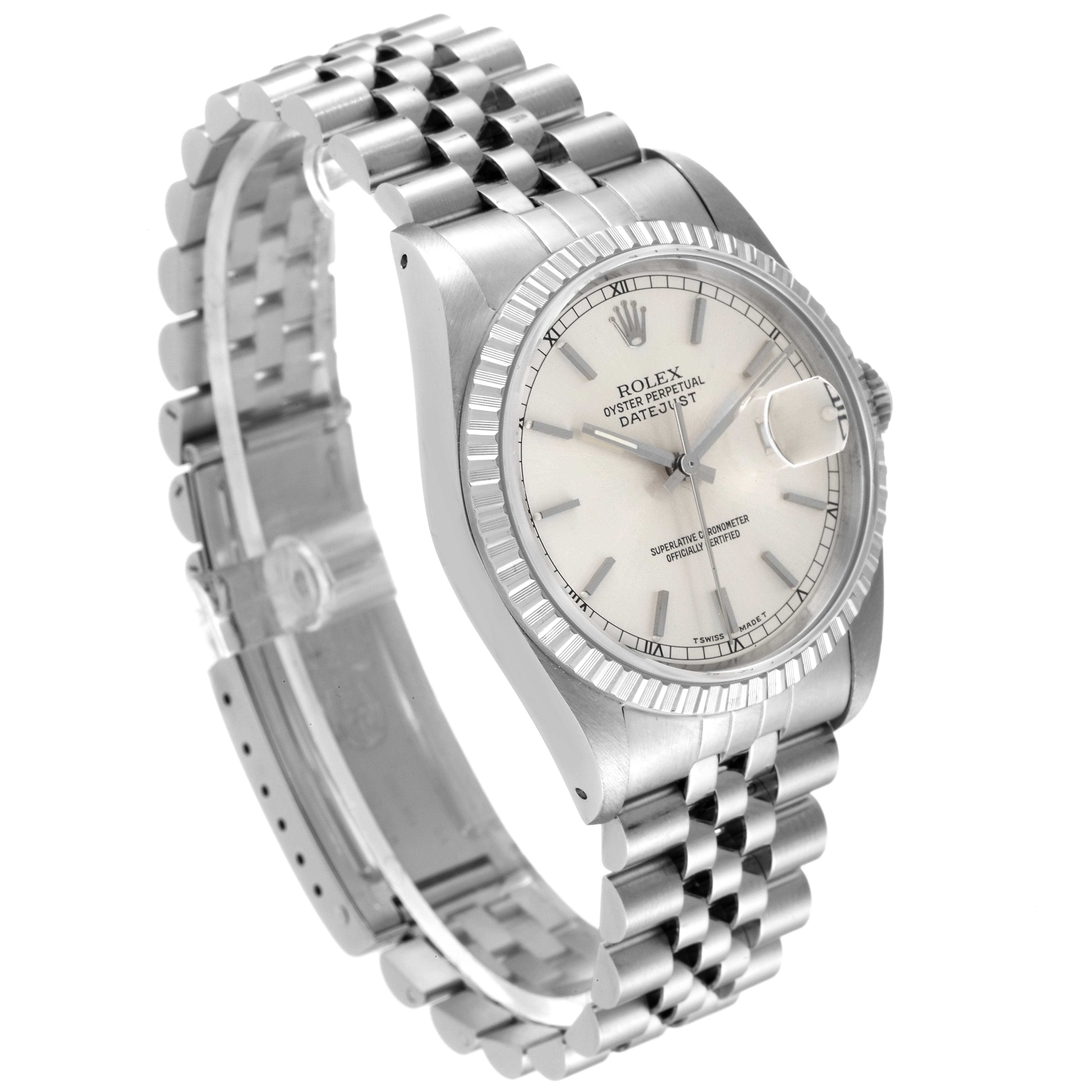The image shows a Rolex Datejust 16220 Men's Stainless Steel Silver Dial 16220 Men's Stainless Steel Silver Dial watch at a three-quarter angle, highlighting the face, fluted bezel, and jubilee bracelet.