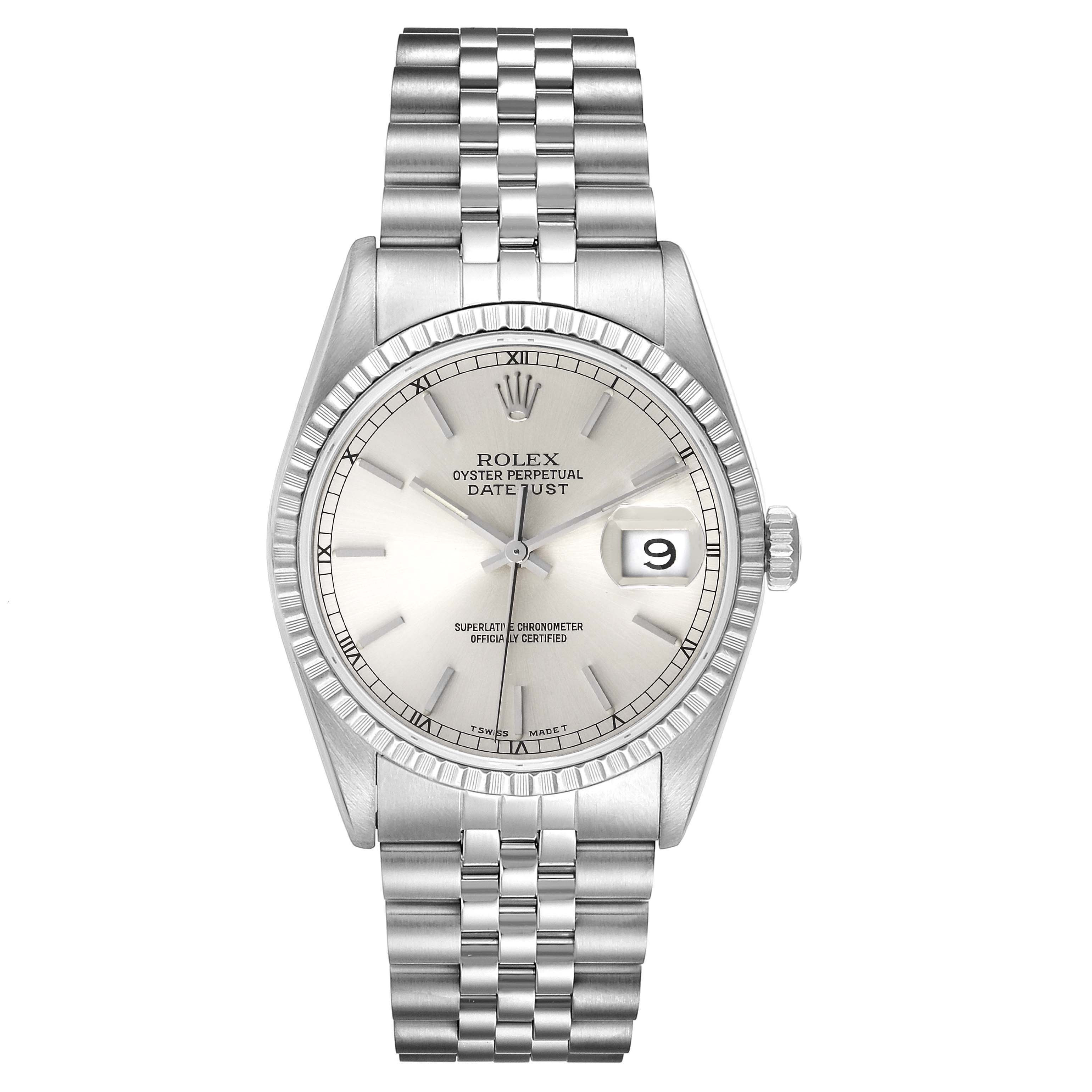 The image shows a Rolex Datejust 16220 Men's Stainless Steel Silver Dial 16220 Men's Stainless Steel Silver Dial watch from a top-down angle, displaying the face, bezel, and bracelet.