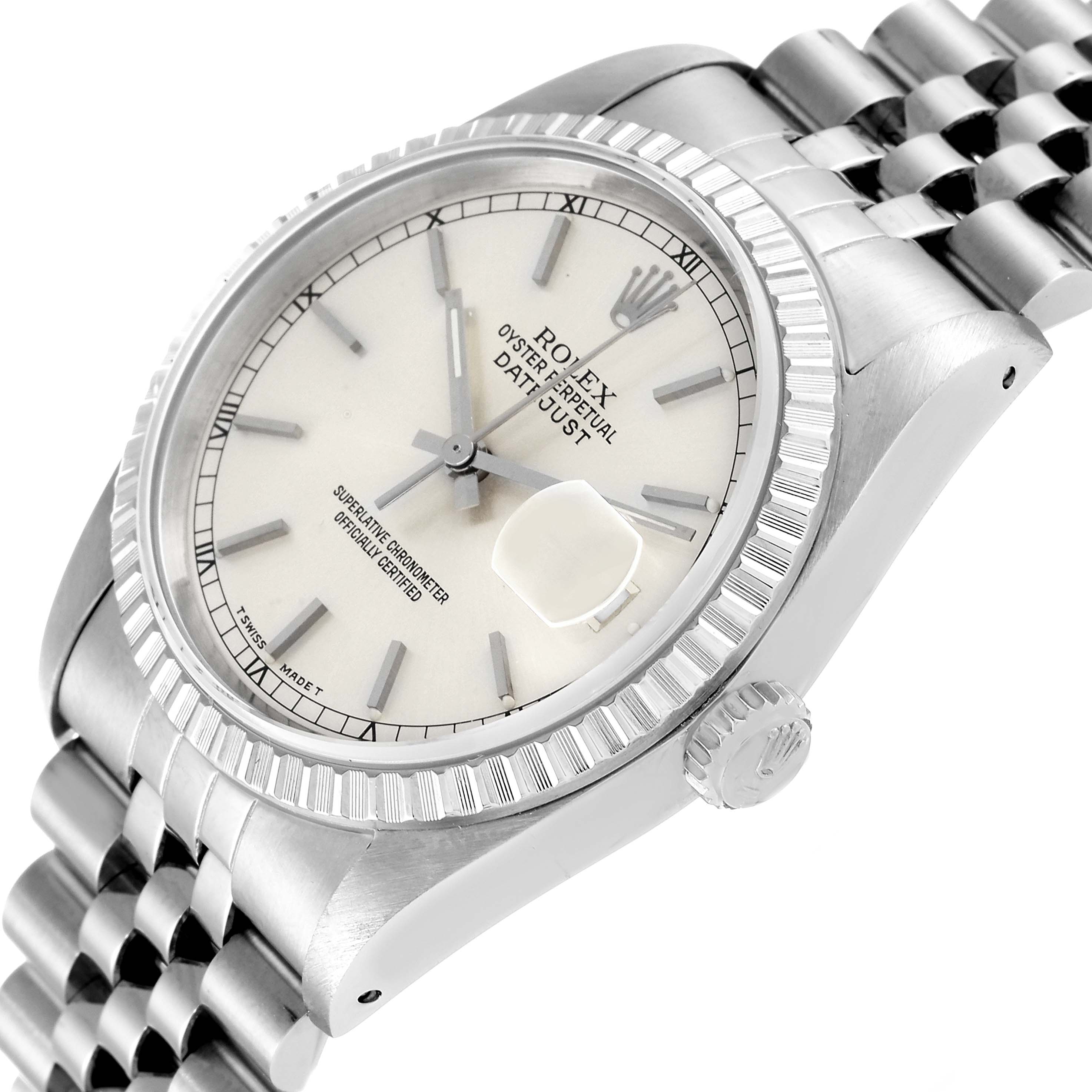 This image shows a close-up of the Rolex Datejust 16220 Men's Stainless Steel Silver Dial 16220 Men's Stainless Steel Silver Dial watch at a slight angle, highlighting the dial, bezel, and part of the bracelet.