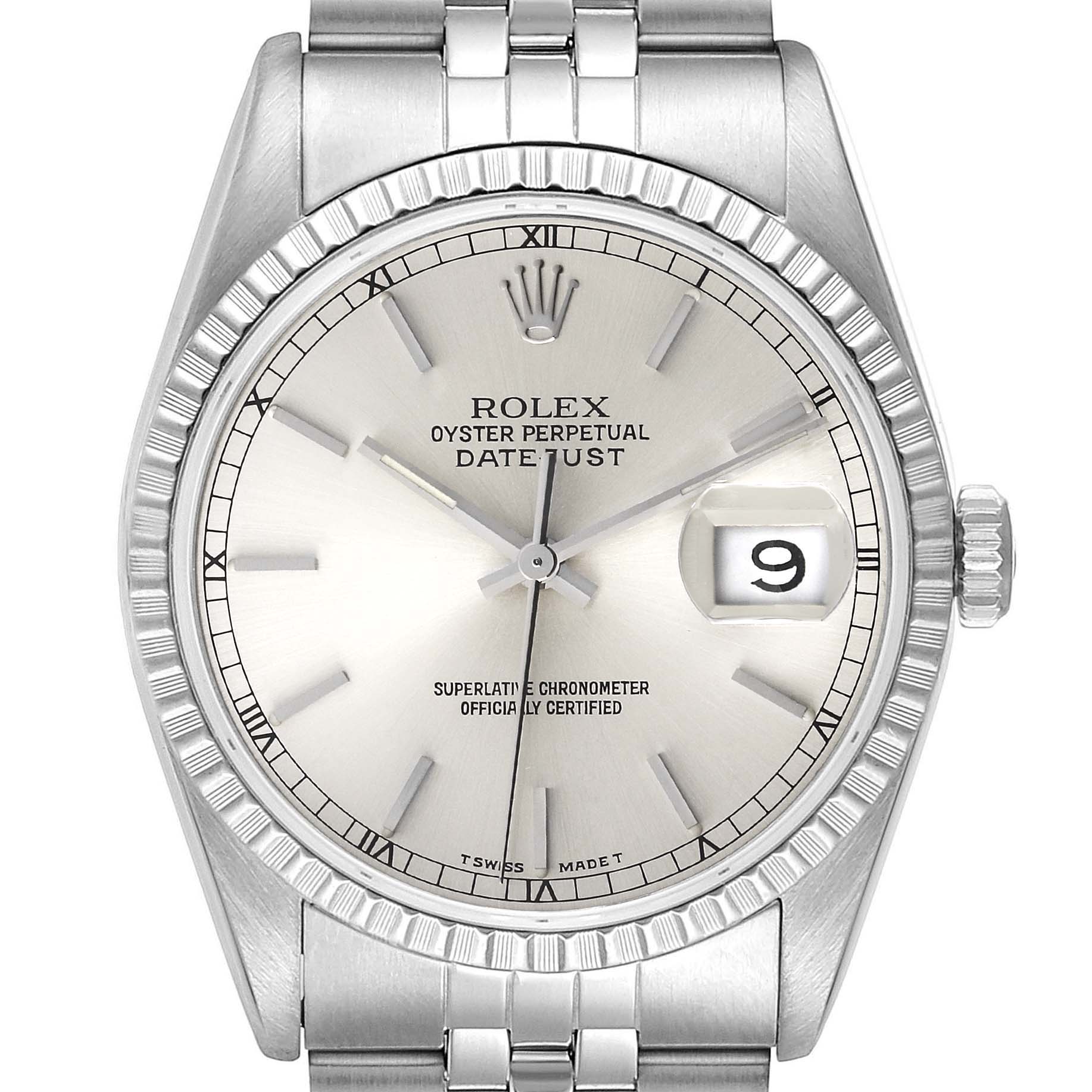 This image shows a front view of a Rolex Datejust 16220 Men's Stainless Steel Silver Dial 16220 Men's Stainless Steel Silver Dial watch, displaying the dial, hands, bezel, crown, and part of the bracelet.