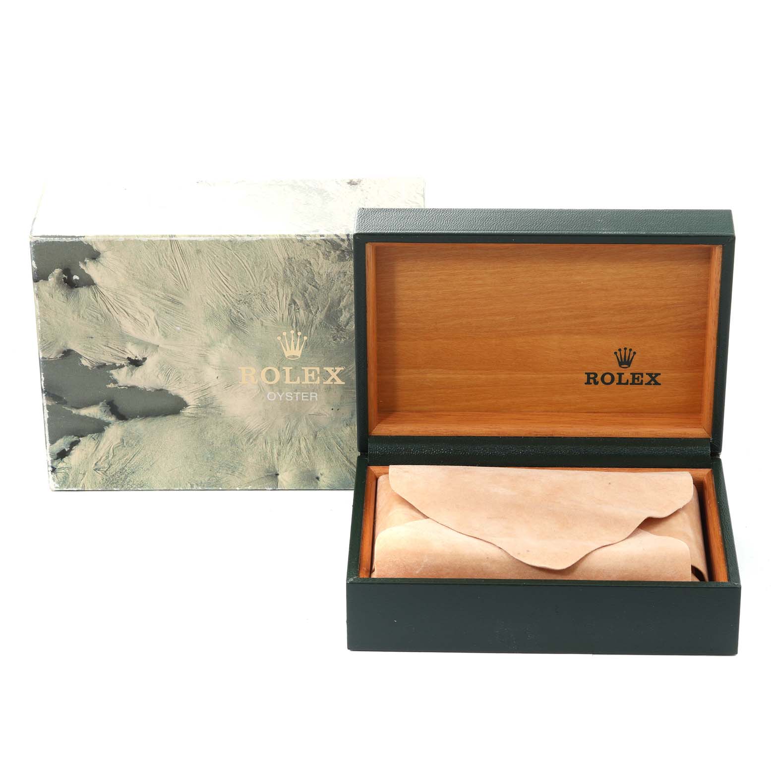 This image shows a Rolex Datejust 16220 Men's Stainless Steel Silver Dial 16220 Men's Stainless Steel Silver Dial model watch box and case, with the box's lid open to reveal a suede pouch inside.