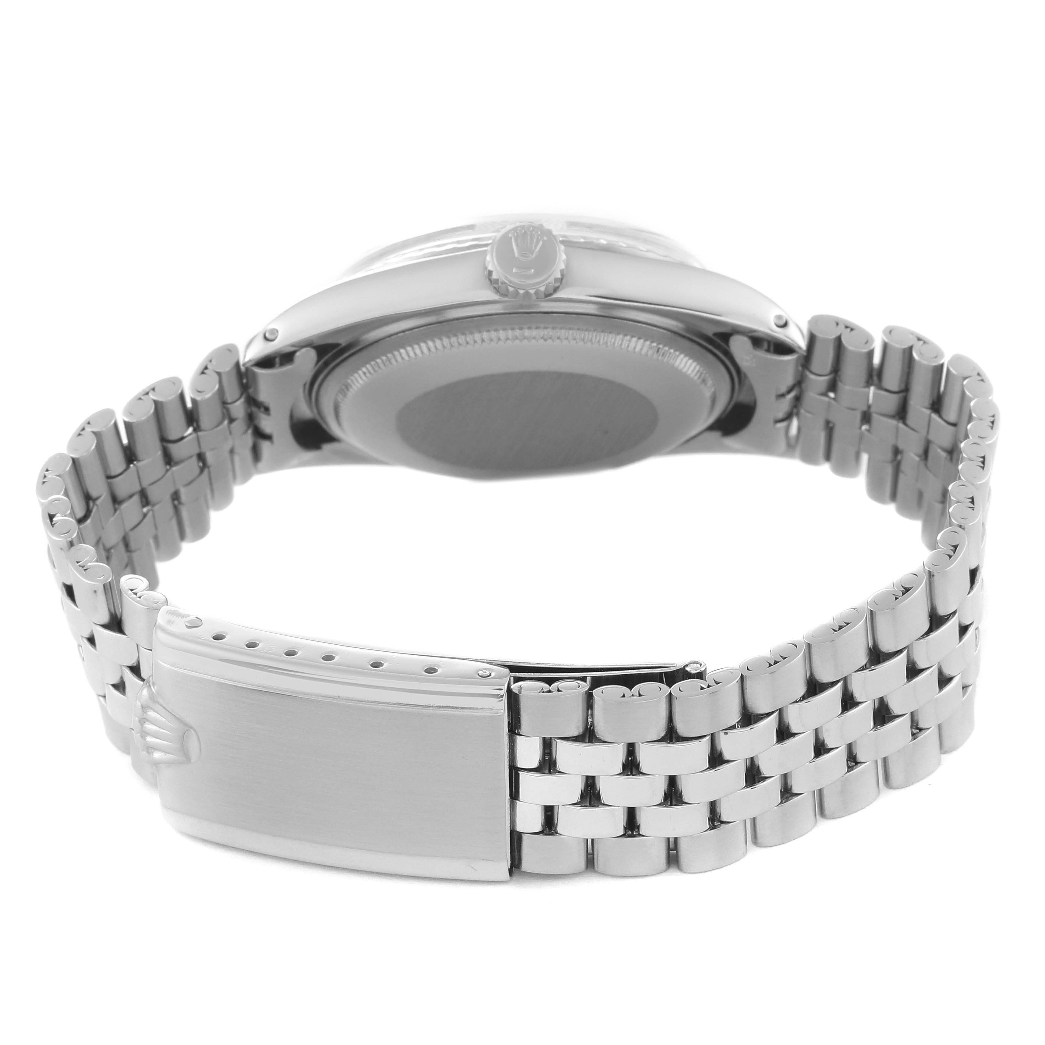 This image shows the back view of the Rolex Vintage Collection 1603 Men's Stainless Steel Silver Dial 1603 Men's Stainless Steel Silver Dial watch, highlighting the clasp, bracelet, and caseback.