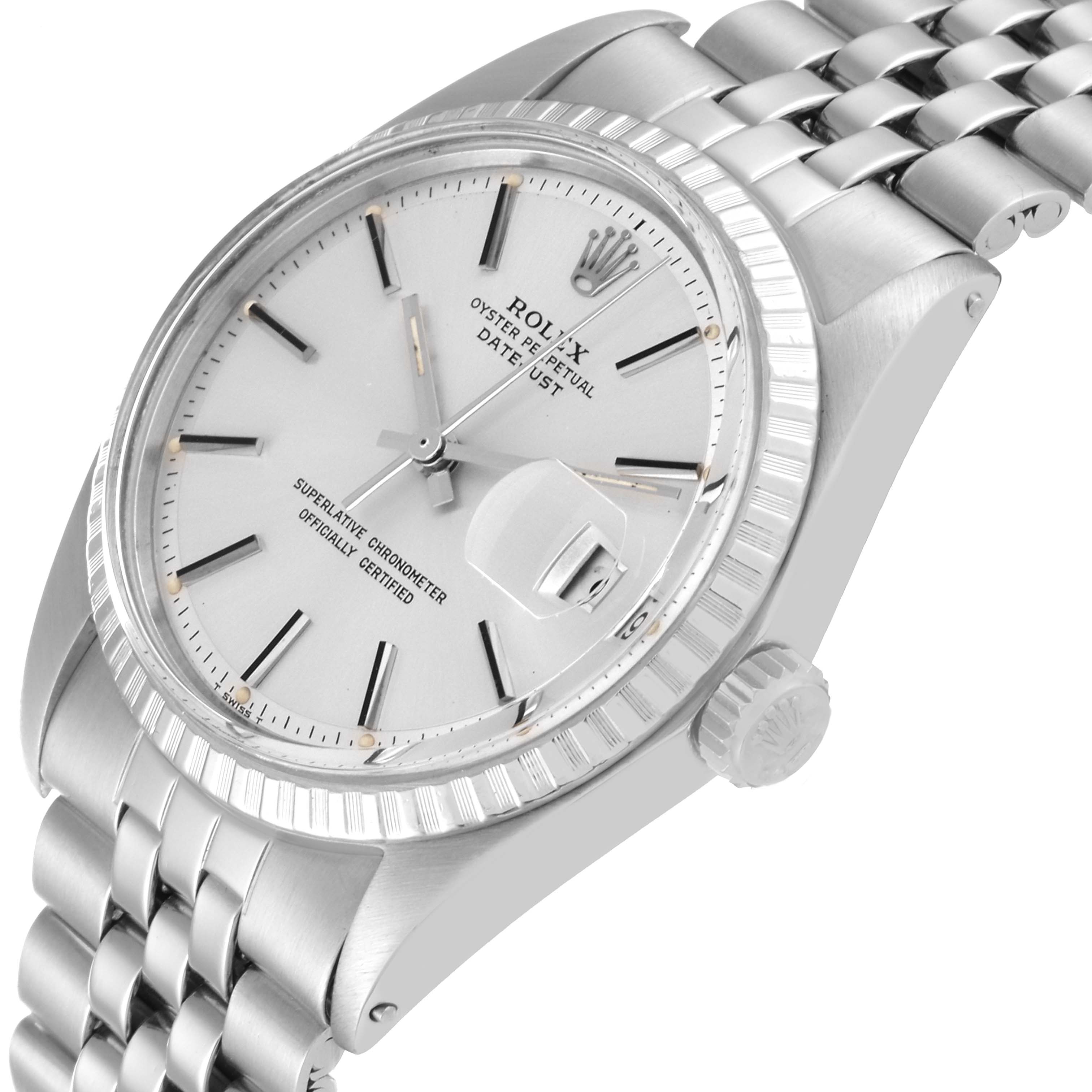 This image shows a Rolex Vintage Collection 1603 Men's Stainless Steel Silver Dial 1603 Men's Stainless Steel Silver Dial watch from a slightly angled view, highlighting the dial, bezel, crown, and bracelet.