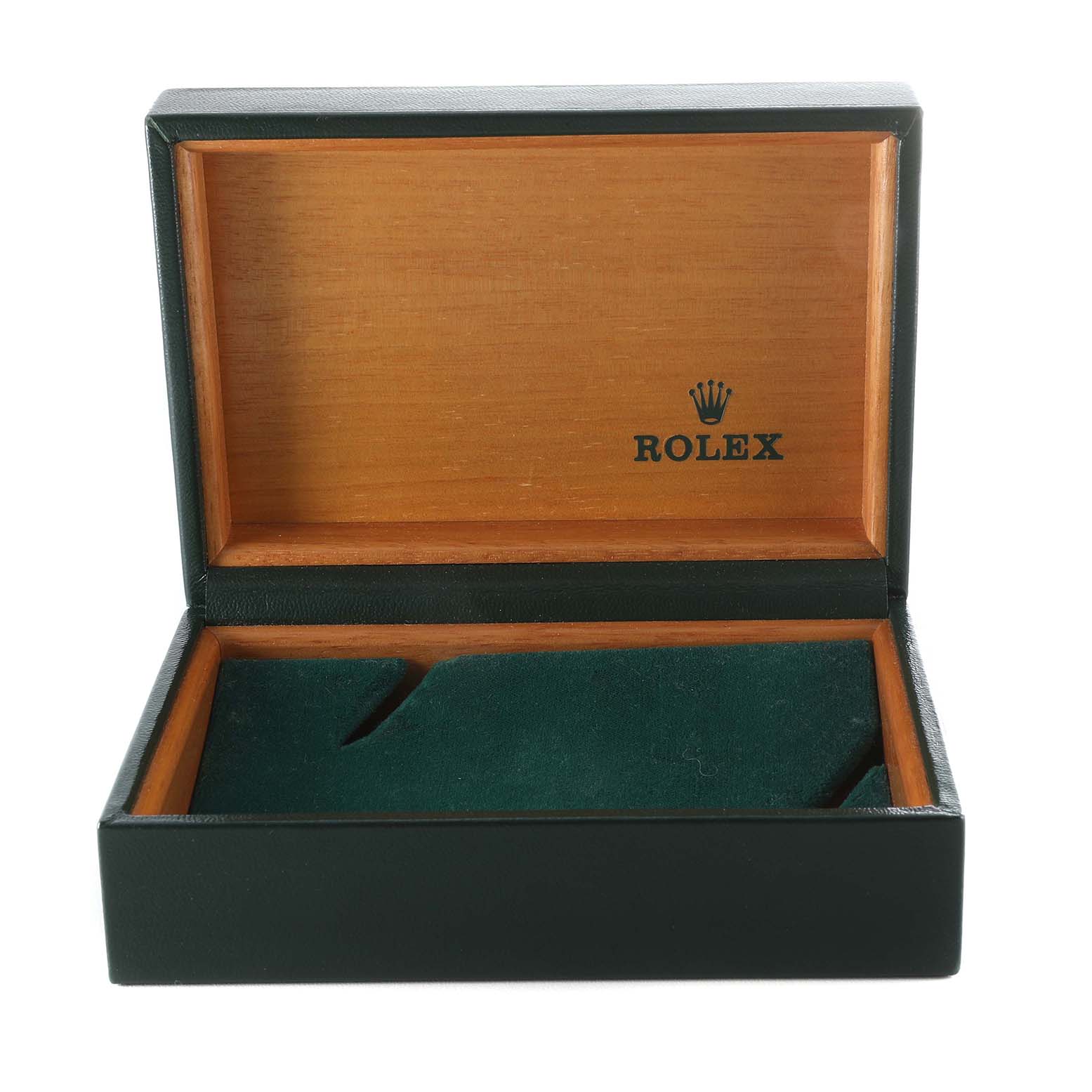 This image shows an open Rolex Vintage Collection 1603 Men's Stainless Steel Silver Dial 1603 Men's Stainless Steel Silver Dial watch box, revealing its green interior and wooden-lined lid.