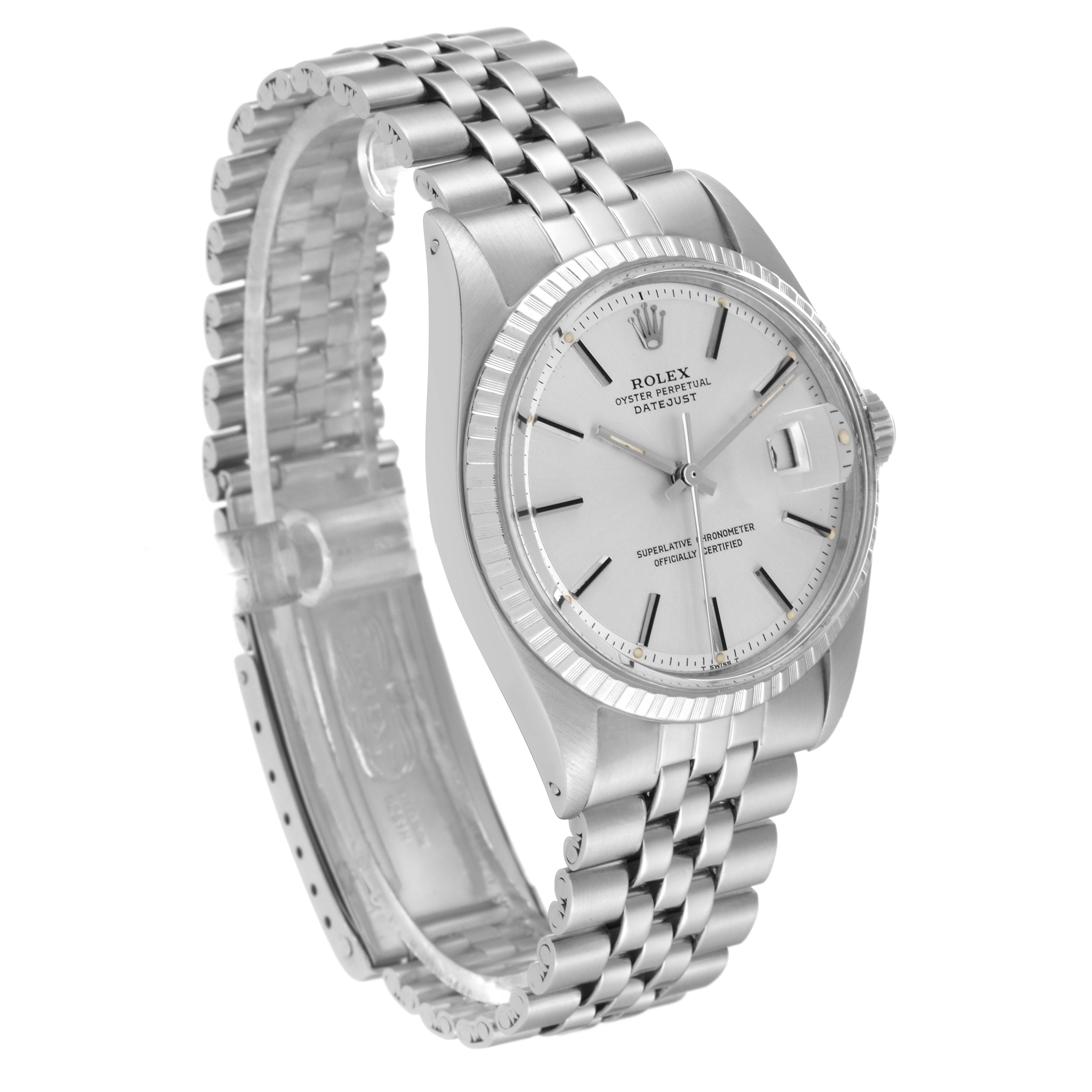 The image shows a side angle of the Rolex Vintage Collection 1603 Men's Stainless Steel Silver Dial 1603 Men's Stainless Steel Silver Dial watch, displaying the face, bezel, crown, and bracelet.