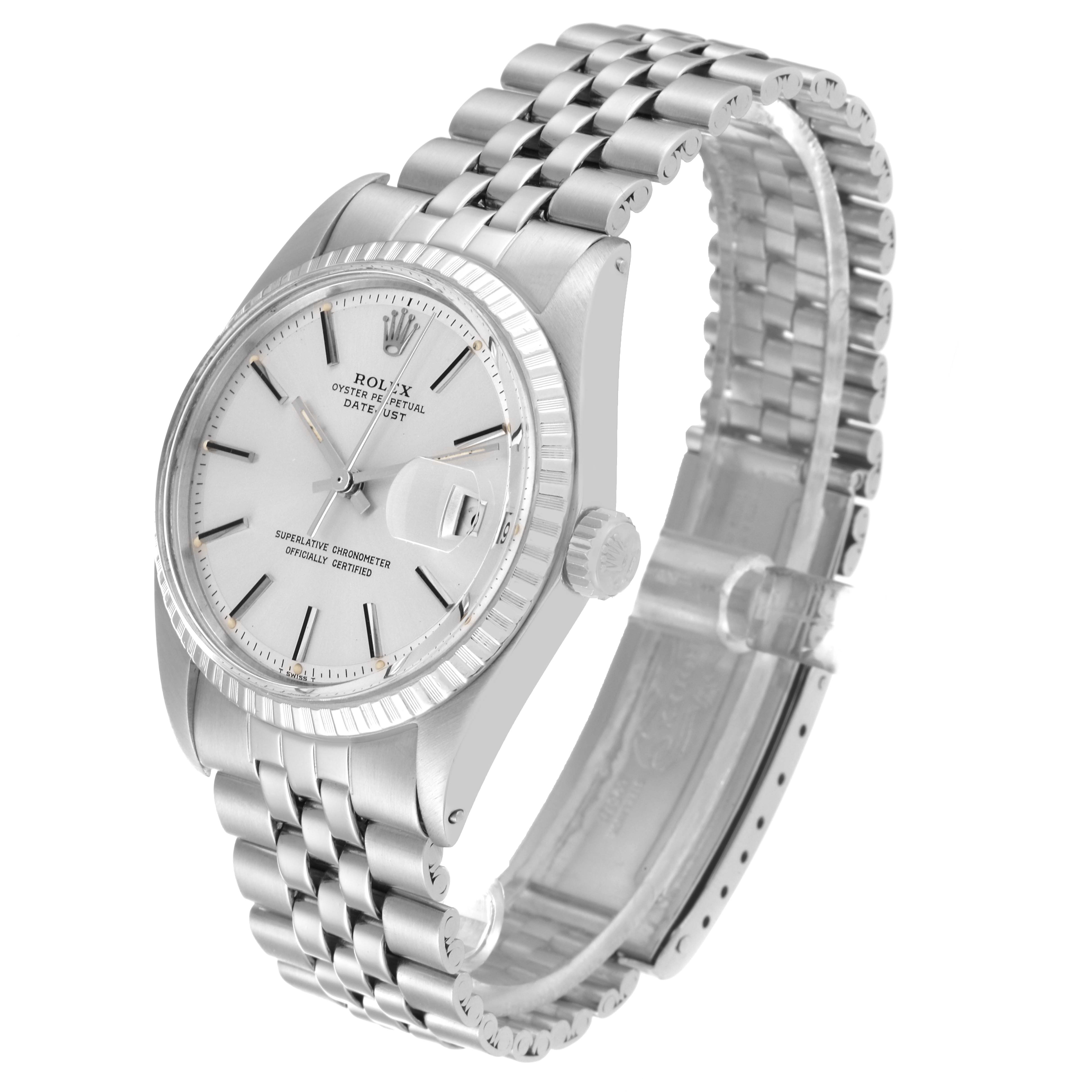 The image shows a Rolex Vintage Collection 1603 Men's Stainless Steel Silver Dial 1603 Men's Stainless Steel Silver Dial model watch from a slightly angled side view, displaying the face, bezel, crown, and bracelet.