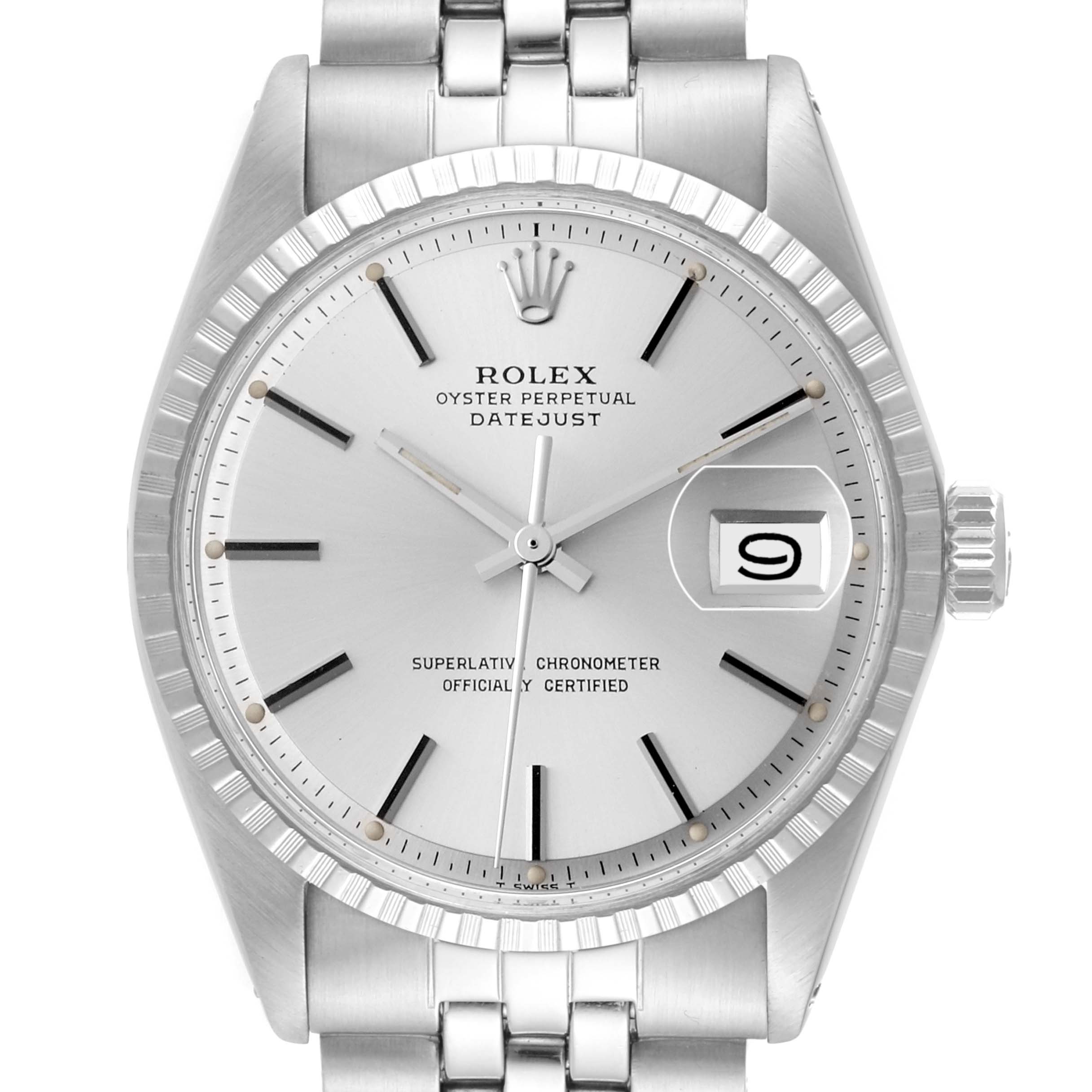 The image shows a front view of the Rolex Vintage Collection 1603 Men's Stainless Steel Silver Dial 1603 Men's Stainless Steel Silver Dial Datejust watch featuring its dial, bezel, and part of the bracelet.