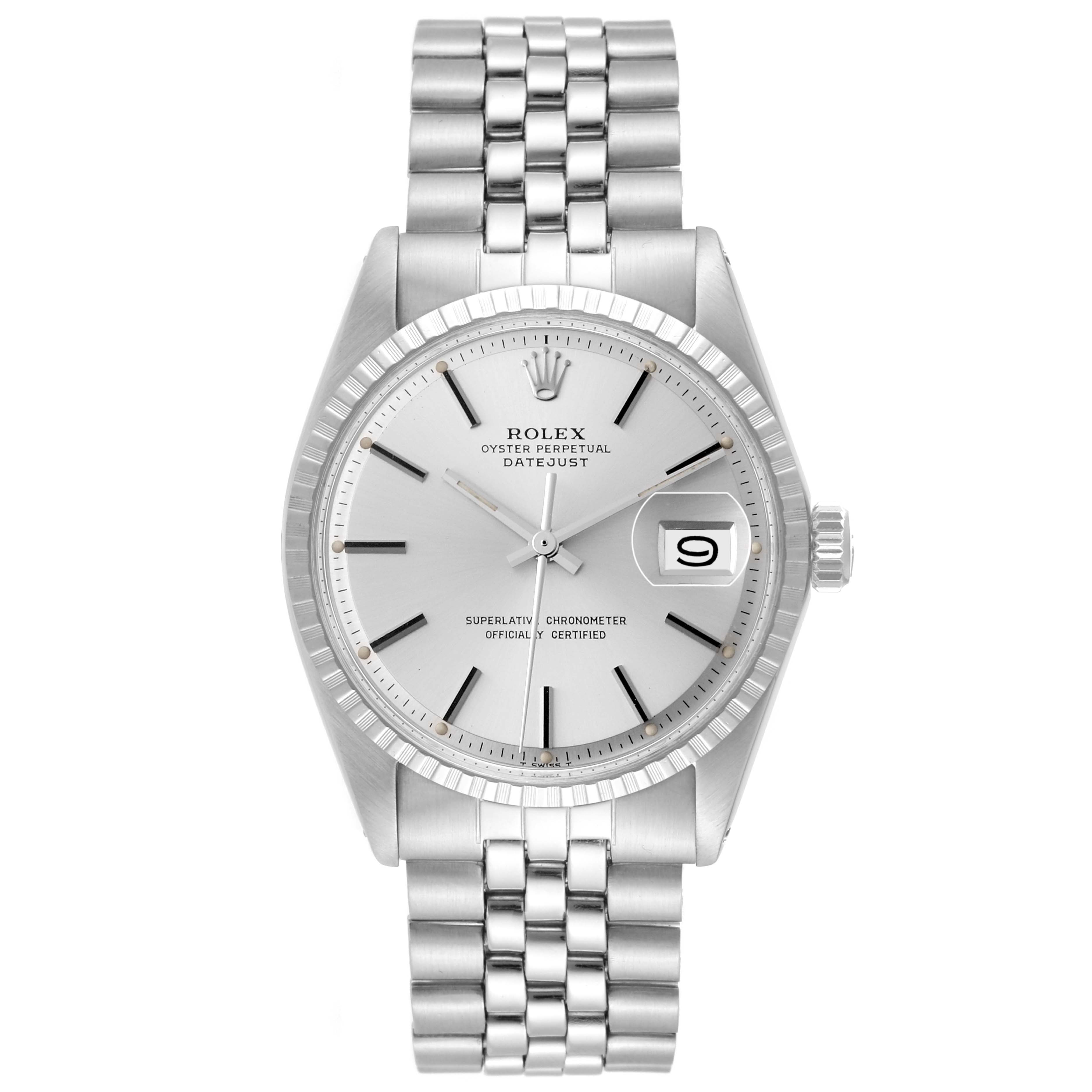 The image shows a front view of the Rolex Vintage Collection 1603 Men's Stainless Steel Silver Dial 1603 Men's Stainless Steel Silver Dial Oyster Perpetual Datejust, highlighting its face, bezel, and bracelet.