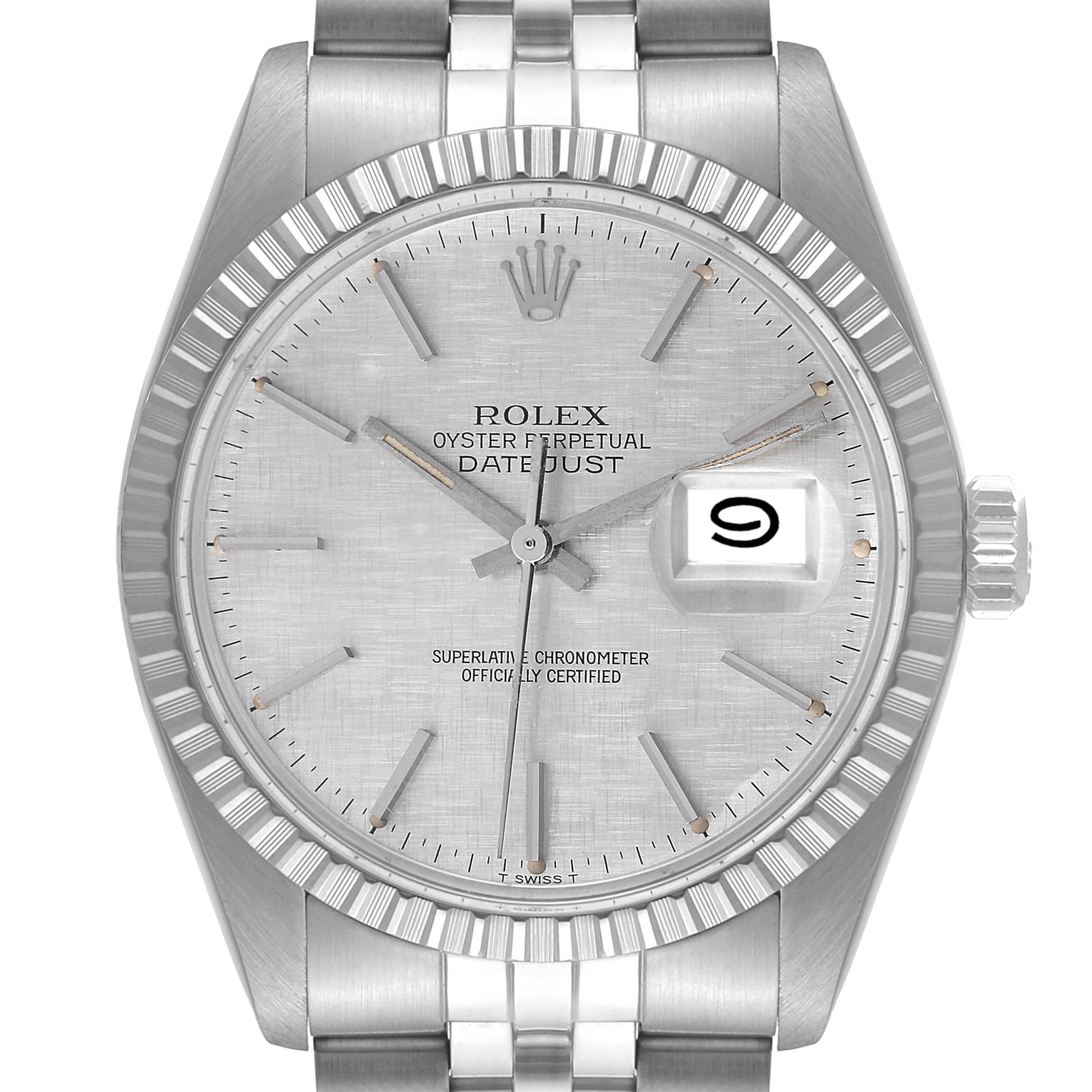 The image shows a front view of a Rolex Vintage Collection 16030 Men
s Stainless Steel Silver Dial 16030 Men
s Stainless Steel Silver Dial Oyster Perpetual Datejust watch face and part of the bracelet.