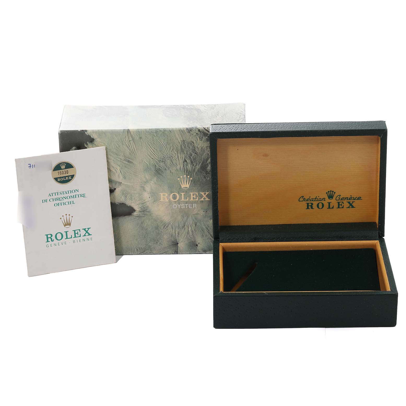 The image shows the packaging, box, and documentation for a Rolex Vintage Collection 16030 Men
s Stainless Steel Silver Dial 16030 Men
s Stainless Steel Silver Dial watch.