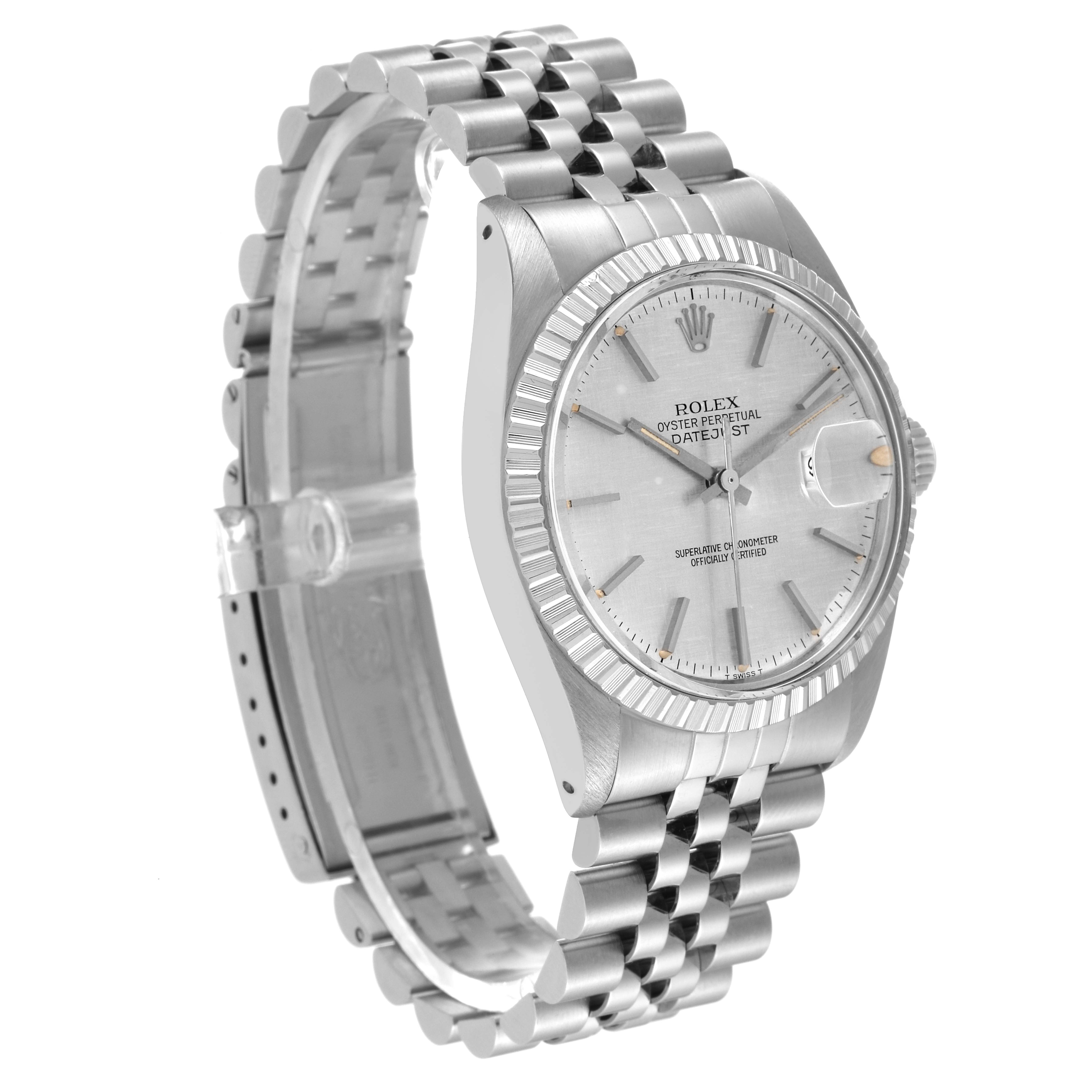 The image shows a side angle of the Rolex Vintage Collection 16030 Men
s Stainless Steel Silver Dial 16030 Men
s Stainless Steel Silver Dial model displaying its silver dial, fluted bezel, and Jubilee bracelet.