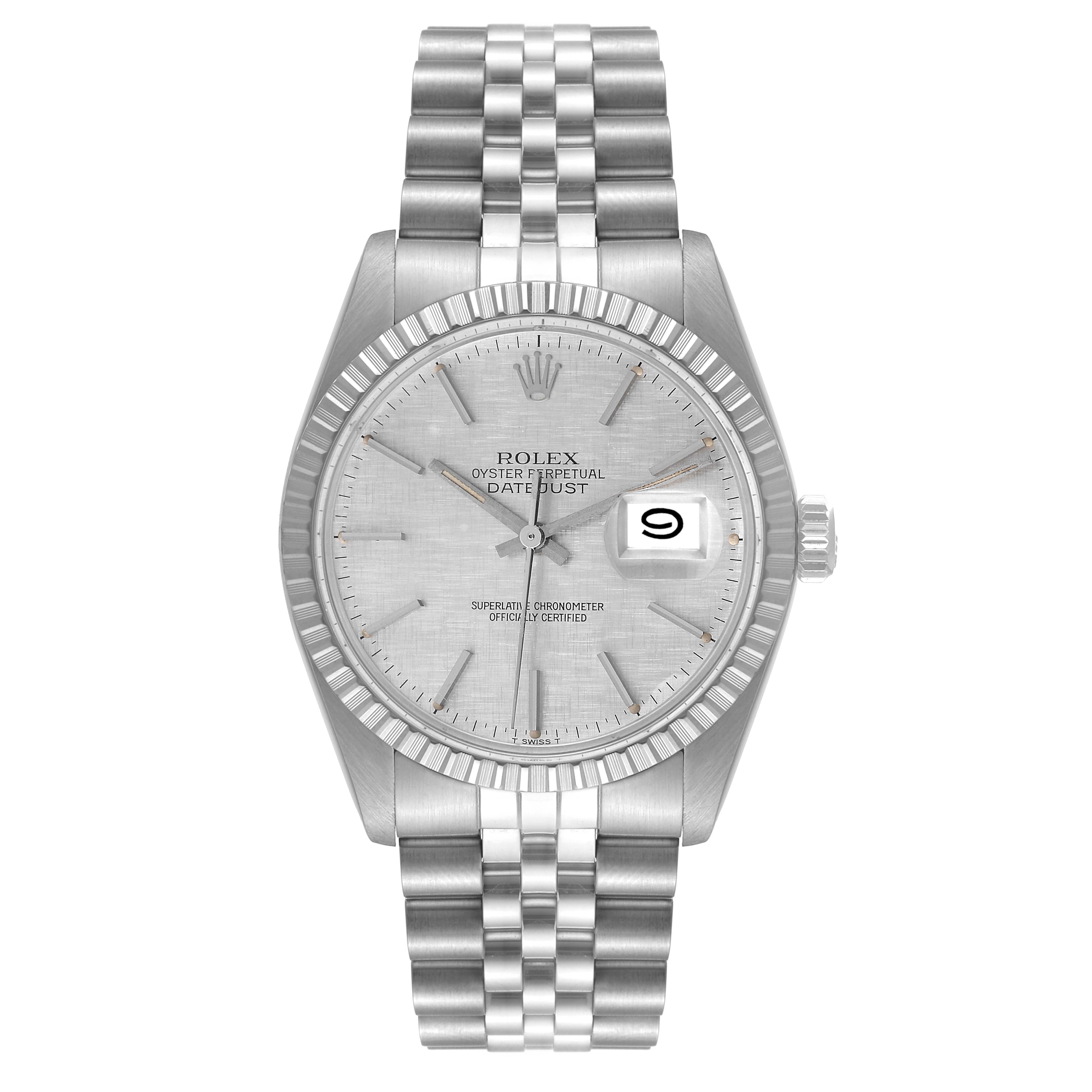 The image shows a front view of the Rolex Vintage Collection 16030 Men
s Stainless Steel Silver Dial 16030 Men
s Stainless Steel Silver Dial Datejust model, displaying the dial, hands, bracelet, and date window.