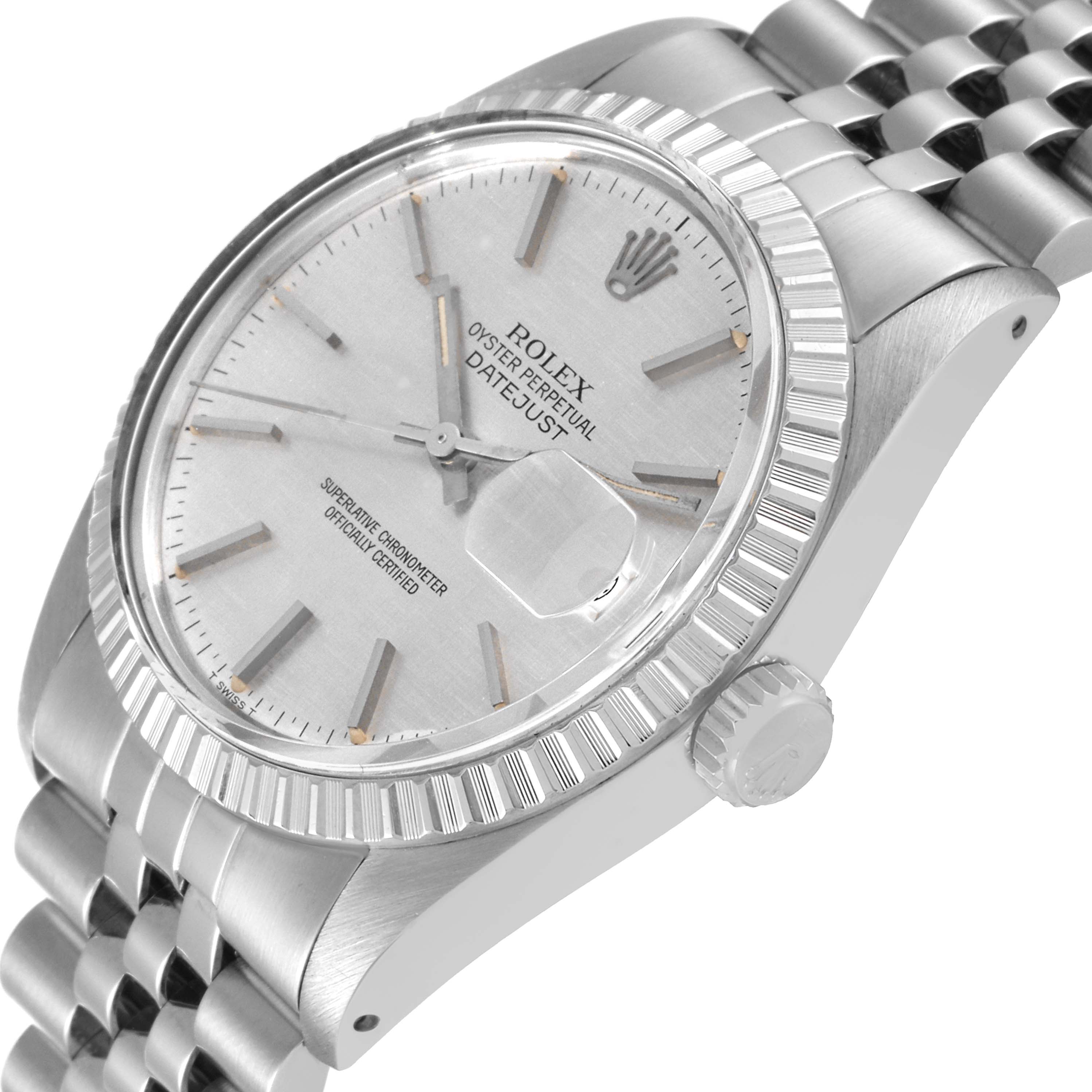 The image shows a close-up of the Rolex Vintage Collection 16030 Men
s Stainless Steel Silver Dial 16030 Men
s Stainless Steel Silver Dial Datejust watch displaying the dial, fluted bezel, and a portion of the bracelet.
