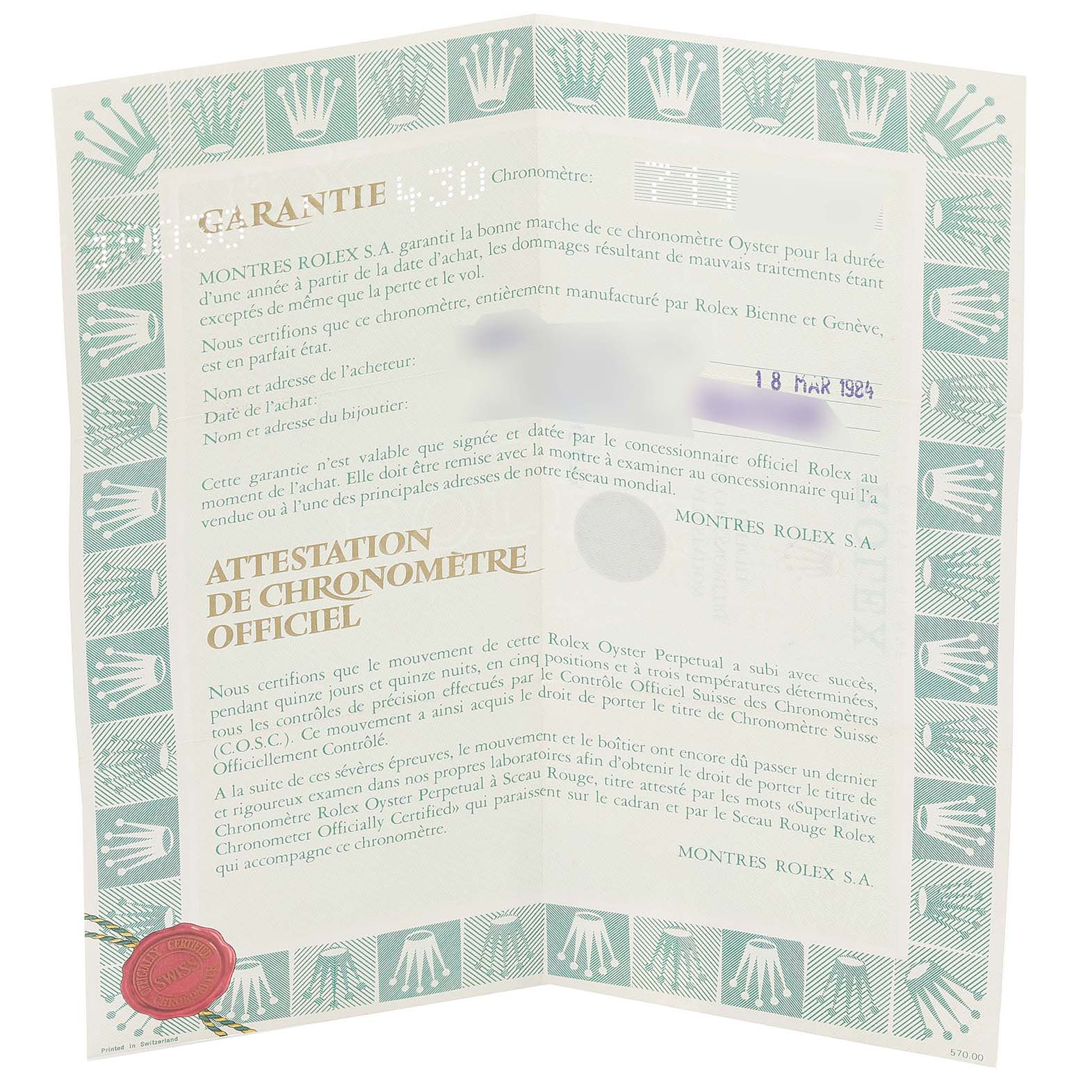 This image shows a warranty certificate for a Vintage Collection Rolex watch, featuring the Rolex logo and Best Quality
ation details.