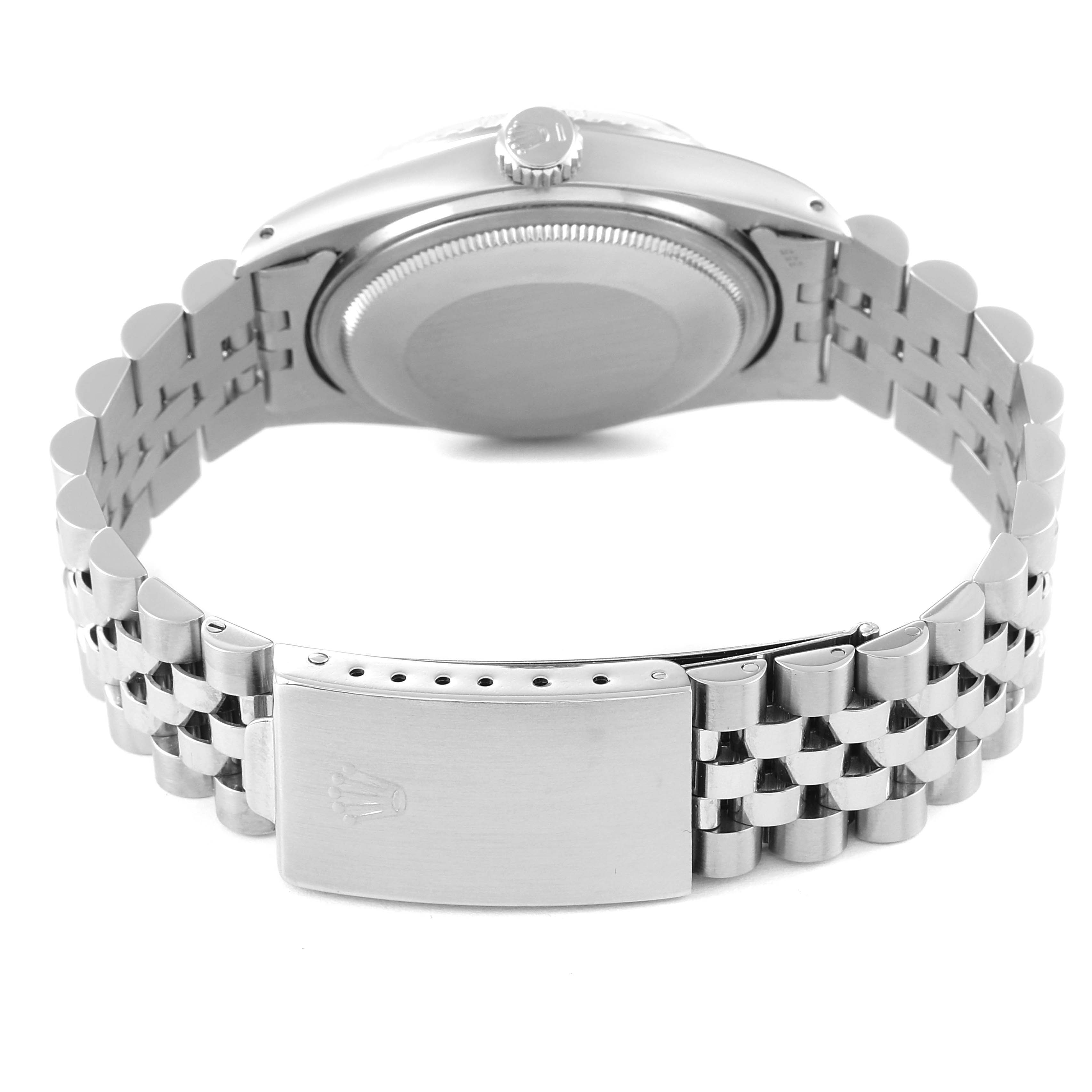 The image shows the side and back view of a Rolex Vintage Collection 16030 Men
s Stainless Steel Silver Dial 16030 Men
s Stainless Steel Silver Dial watch, highlighting the clasp, bracelet, and case back.