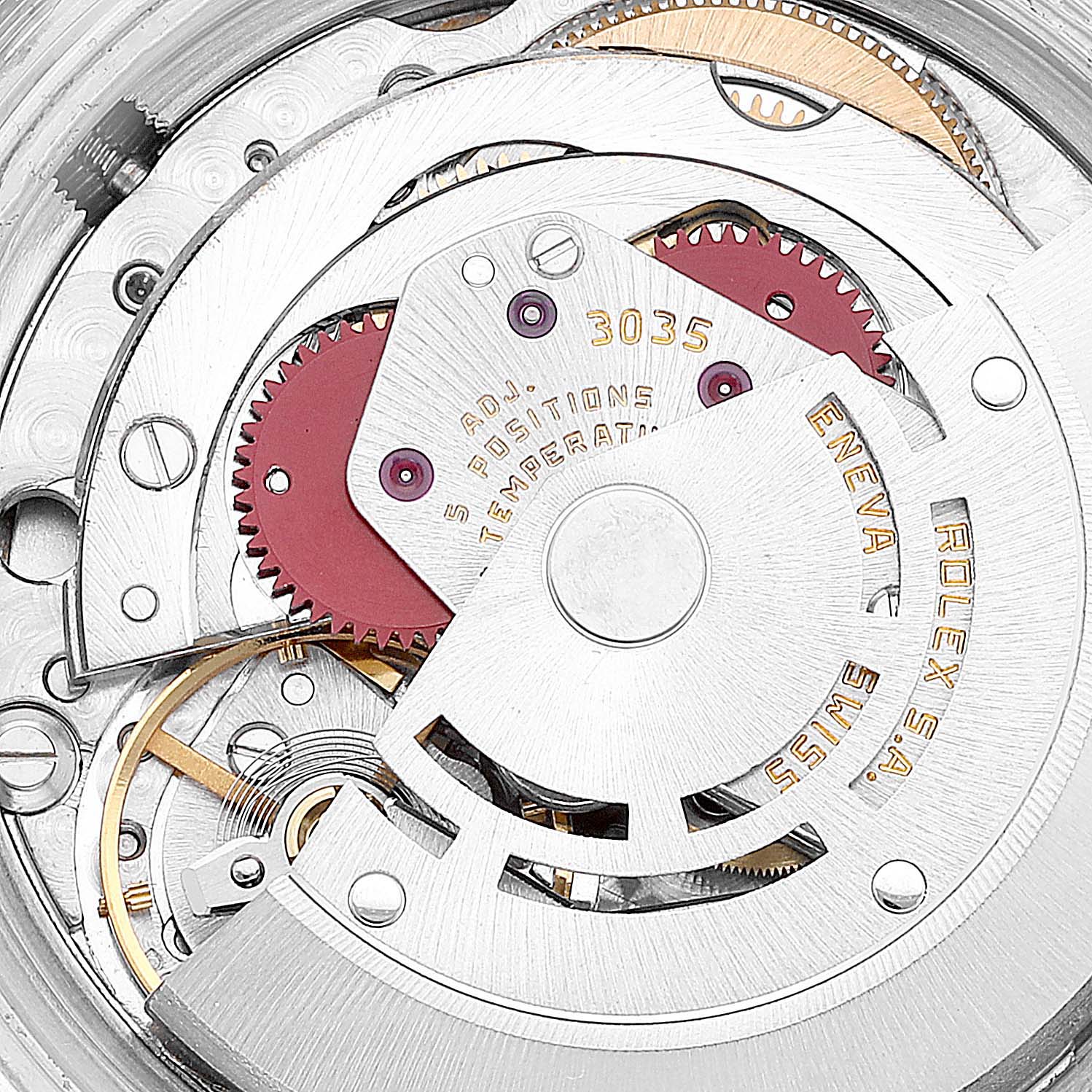 This image shows a close-up of the mechanical movement components of the Rolex Vintage Collection 16030 Men
s Stainless Steel Silver Dial 16030 Men
s Stainless Steel Silver Dial model watch, including gears and the rotor.