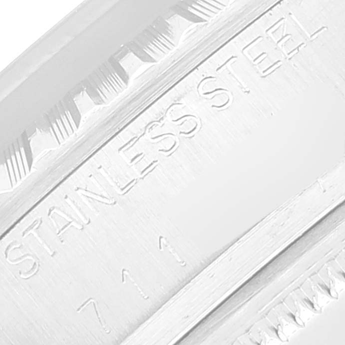 Close-up of the "Stainless Steel" engraving on the Vintage Collection model by Rolex.