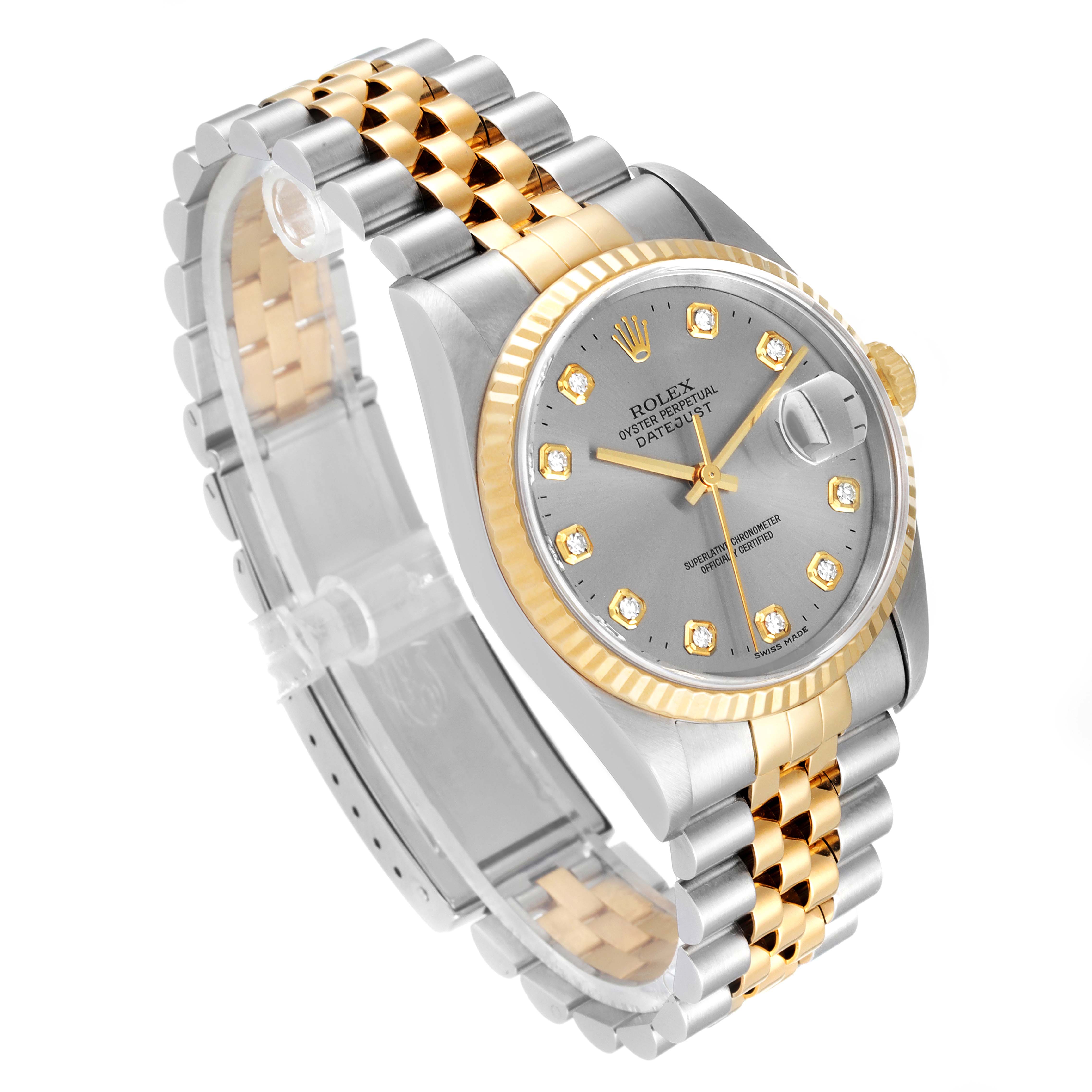 The Rolex Datejust 16233 Men's Steel and Gold (two tone) Grey Dial 16233 Men's Steel and Gold (two tone) Grey Dial watch is shown at an angled view, displaying its face, bracelet, crown, and fluted bezel.