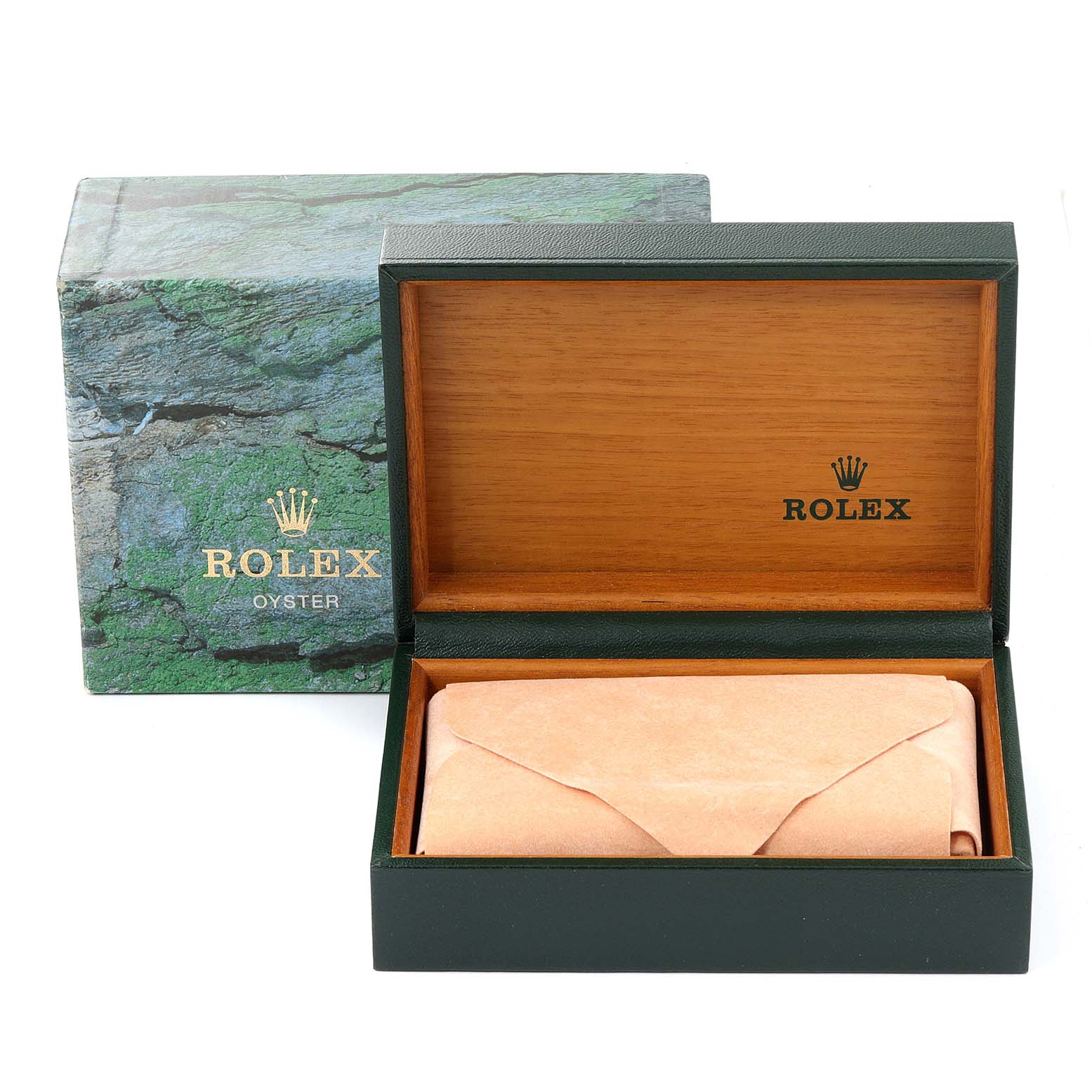 The image shows a Rolex Datejust 16233 Men's Steel and Gold (two tone) Grey Dial 16233 Men's Steel and Gold (two tone) Grey Dial watch box and packaging, viewed from the front with the lid open.